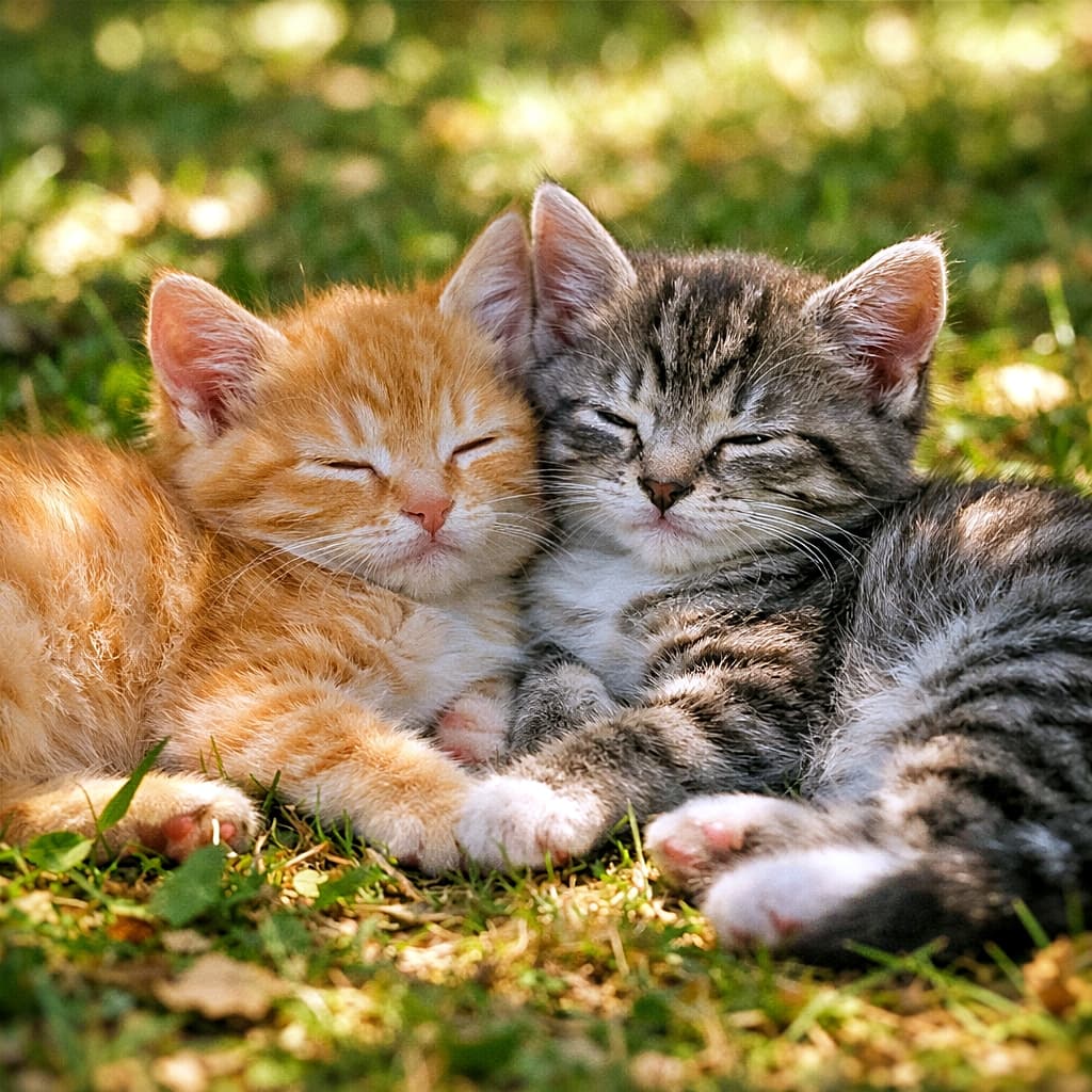 「木漏れ日スポットは子猫たちの特等席。寄り添って、まどろむ午後のひととき」Two young kittens lying side by side on grass, basking in dappled sunlight filtering through tree branches, eyes half-closed in a peaceful moment. 木漏れ日が差し込む芝生の上で、2匹の幼い子猫が寄り添い、目を細めて穏やかに日向ぼっこをしている様子