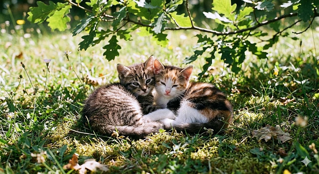 「木漏れ日の下でぽかぽか日向ぼっこ☀️ ぴったり寄り添ってウトウトする2匹の子猫に最高に癒やされる〜🌿💤」A peaceful photograph of two kittens under 8 weeks old lying closely together on green grass. Sunlight filters through tree branches above, casting dappled light on the tabby and calico-mix kittens as they bask in the warmth with their eyes half-closed. 木漏れ日が差し込む緑の草地で、ぴったりと寄り添って寝そべる生後8週未満の2匹の子猫の平和な自然写真。頭上の木の枝からこぼれる光の中で、キジトラと三毛混じりの子猫が目を半分閉じて暖かそうに日向ぼっこをしている
