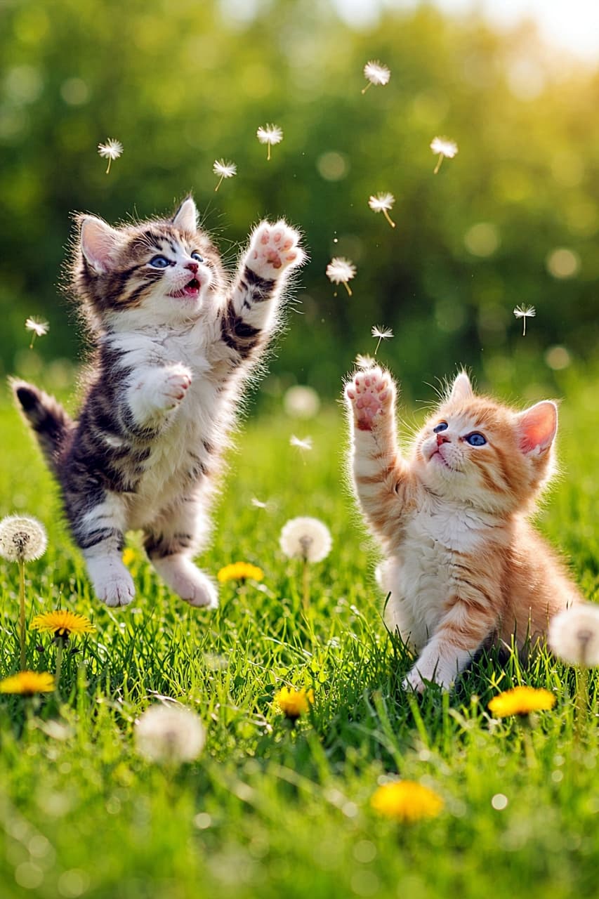 「ふわふわ綿毛を全力追跡中。ジャンプ派とおてて派、どちらも本気な春の草原🐾」Two fluffy kittens playing in a sunny meadow, jumping and reaching for floating dandelion fluff among green grass and yellow flowers. 晴れた草原で、タンポポの綿毛を追いかけて跳ねたり前足を伸ばしたりする2匹の子猫