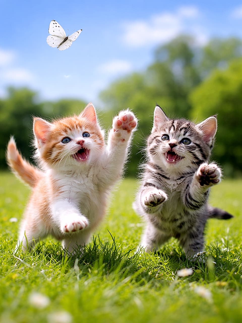 「白い蝶を追いかけて全力ジャンプ！青空と草原に、子猫のワクワクが弾ける瞬間 🐾」Two excited kittens leap through green grass, reaching for a white butterfly under a clear blue sky. 青空の下、緑の草原で白い蝶を追いかけて跳びはねる2匹の子猫