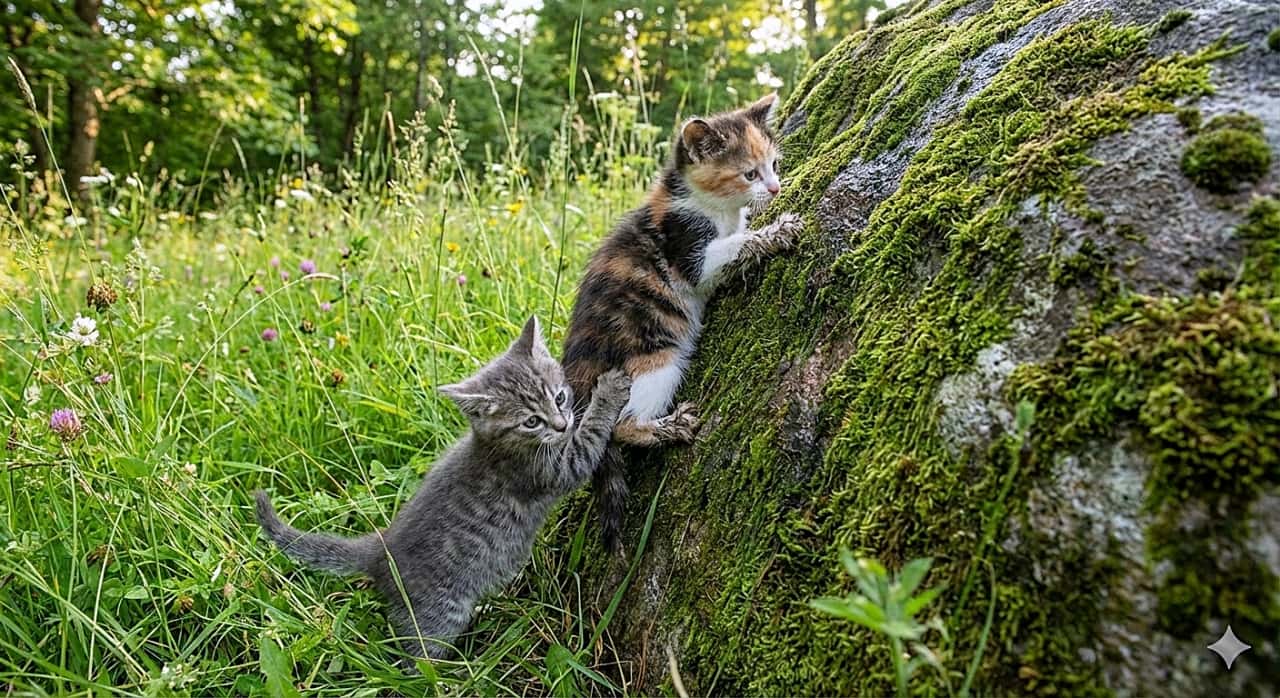 「よいしょ、よいしょ！🐾 苔むした岩を登る三毛ちゃんを、下からサバトラちゃんがお手伝いする大冒険🌿✨」A natural photograph of two tiny kittens, under 8 weeks old, in a grassy meadow trying to climb a large moss-covered rock. A calico kitten is halfway up the rock, while a grey tabby kitten stands on its hind legs below, appearing to push its friend up from behind. 草花が咲く緑の草原で、苔むした大きな岩を登ろうとしている生後8週未満の2匹の小さな子猫の自然な写真。三毛猫が岩の中腹までよじ登っており、その下でサバトラの子猫が後ろ足で立ち上がり、下からお尻を押して手伝っているような微笑ましい光景