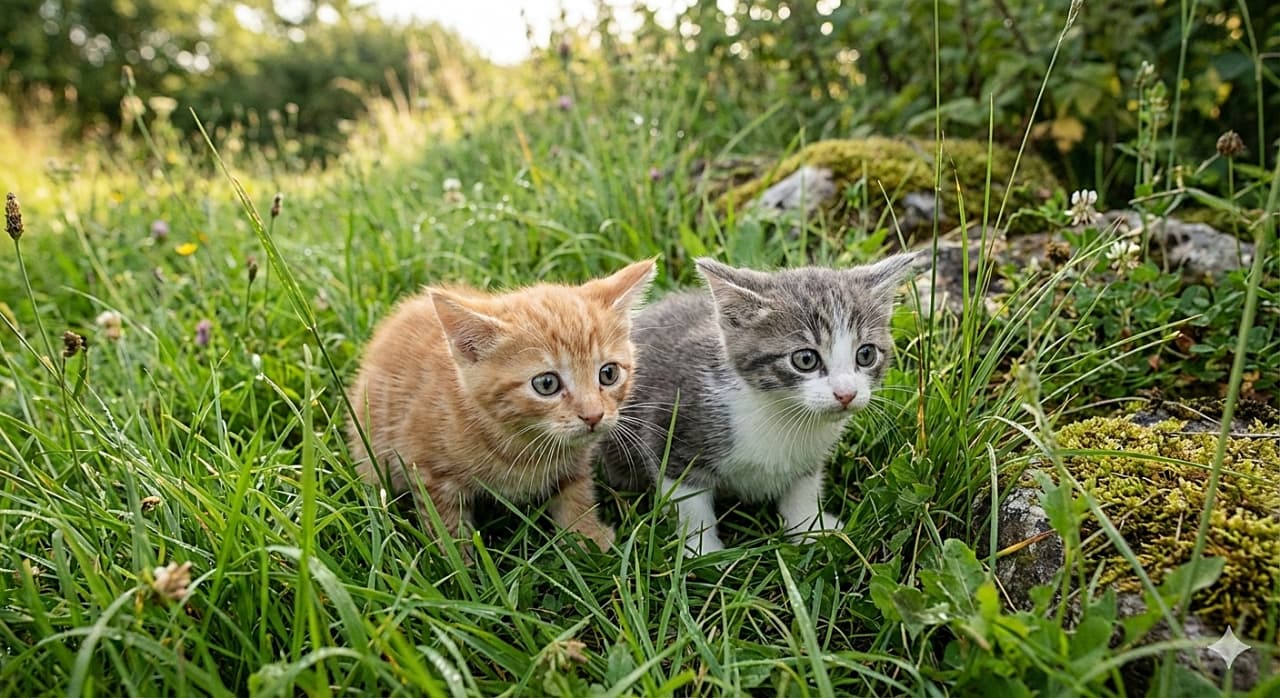 「獲物めがけてハンターモード発動！🌿 草むらに身を潜めて真剣なまなざしの子猫たちがカッコ可愛い🐾✨」A photograph in a natural environment of two kittens, under 8 weeks old, crouched low in tall green grass. An orange tabby kitten on the left and a grey-and-white kitten on the right are stalking an unseen prey, with their bodies tense and eyes focused intensely forward, showing their hunting instinct. 自然の環境で、深い緑の草むらに低く身を潜める生後8週未満の2匹の子猫の写真。左の茶トラの子猫と右の灰白の子猫が見えない獲物を狙っており、体をこわばらせて鋭い視線を真っ直ぐに向けて狩猟本能をのぞかせている