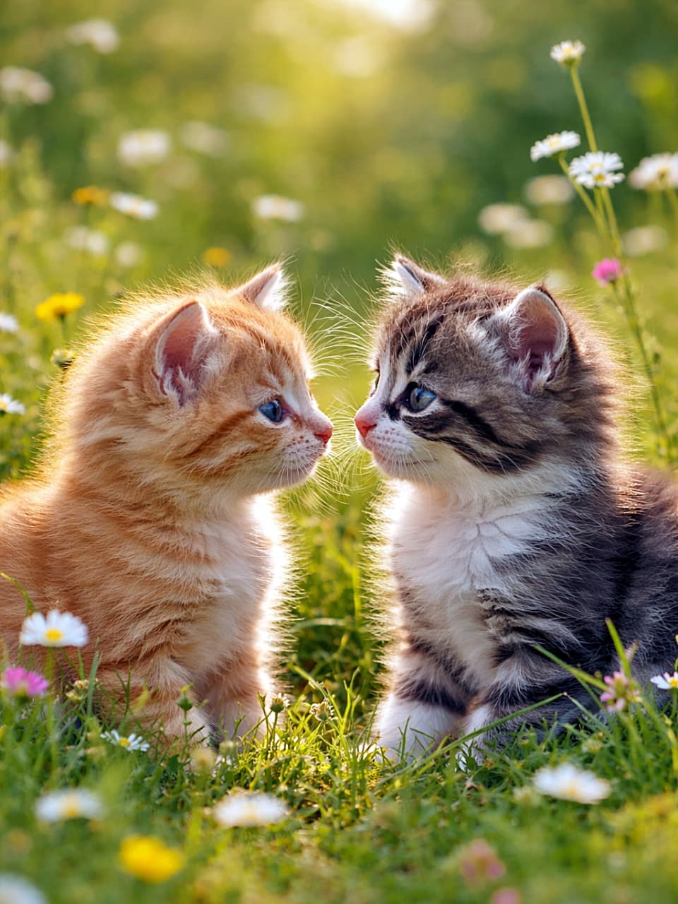 「言葉はいらない距離感。草原の真ん中で、まっすぐ想いが通じ合う子猫たち🐾」Two kittens under eight weeks old sit facing each other in a meadow, gazing into each other’s eyes with bright curiosity, surrounded by green grass and wildflowers. 生後8週未満の2匹の子猫が草原で向かい合い、緑の草と野花に囲まれながら、好奇心いっぱいの瞳で見つめ合っている様子