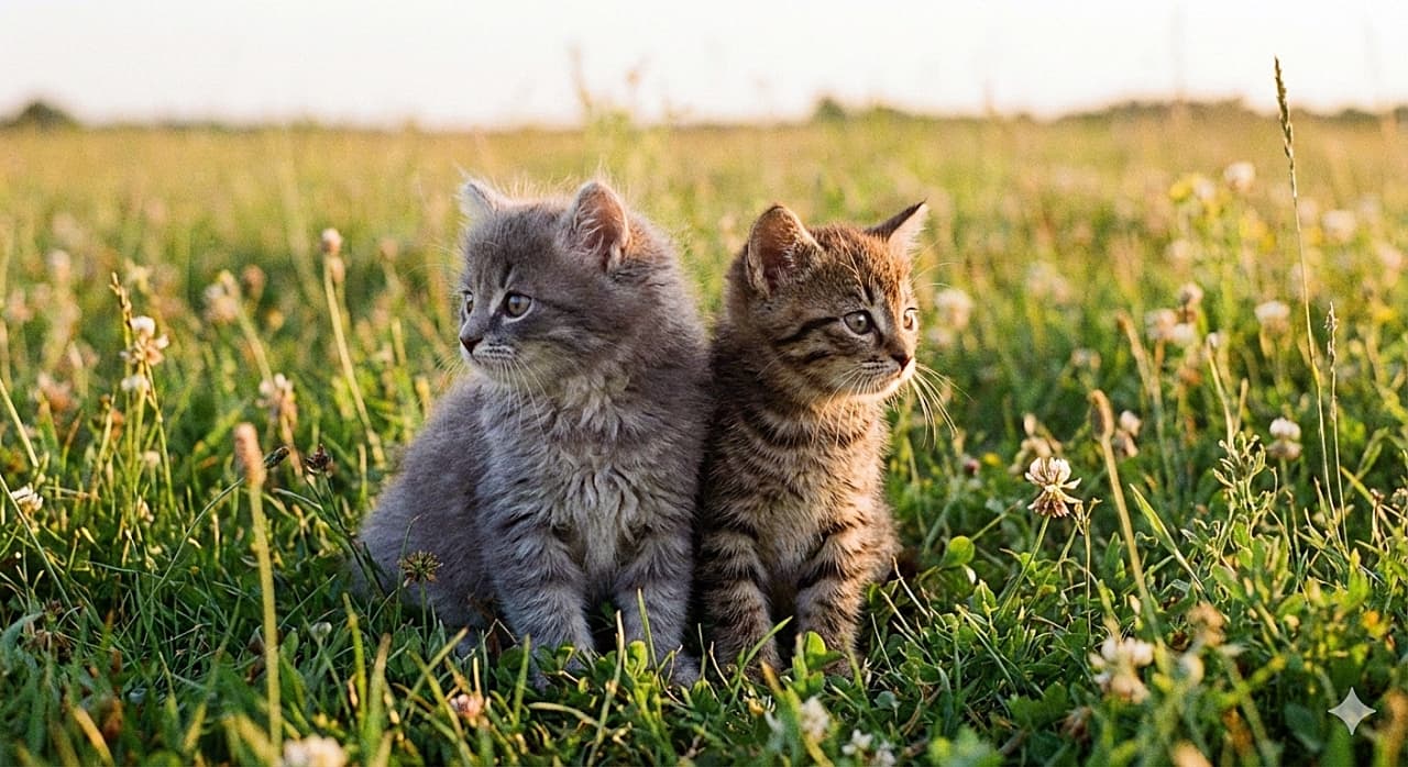 「体はくっついてるのに、見ている方向はバラバラ👀 AIのちょっとした勘違いもクスッとできちゃう可愛さ🐾✨」A photograph of two kittens, one grey and one tabby, sitting side-by-side in a meadow with soft evening light. Their bodies are touching, but they are looking intently in completely opposite directions, with the grey kitten looking left and the tabby looking right. 緑の草原でぴったりと体を寄せて座る、生後8週未満のグレーとキジトラの子猫の写真。寄り添いながらも、グレーの子猫は左側を、キジトラの子猫は右側を向いており、それぞれ全く別の方向をじっと見つめている