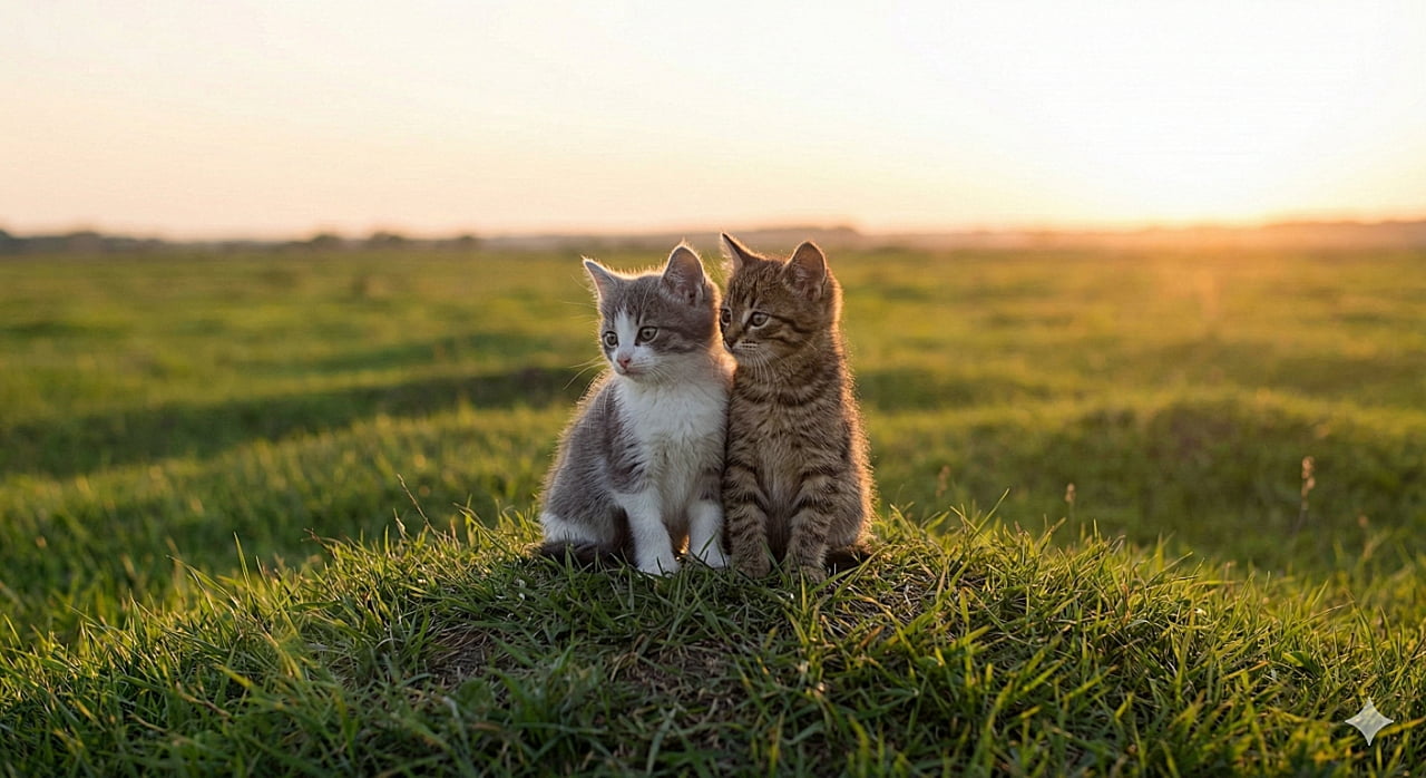 「夕日に照らされて2匹で遠くをじーっ🌅 何を見つけたのかな？ぴったり寄り添うシルエットがエモい💕」A photograph in soft evening light of two kittens under 8 weeks old, one grey-and-white and one tabby, sitting side-by-side in a green meadow. Their bodies are touching as they both look intently in the same direction at something in the distance to the right. 柔らかな夕暮れの光に包まれた緑の草原で、寄り添って座る生後8週未満の灰白とキジトラの子猫の写真。2匹はぴったりと体を寄せ合い、同じ方向（画面右側）の遠くをじっと見つめている