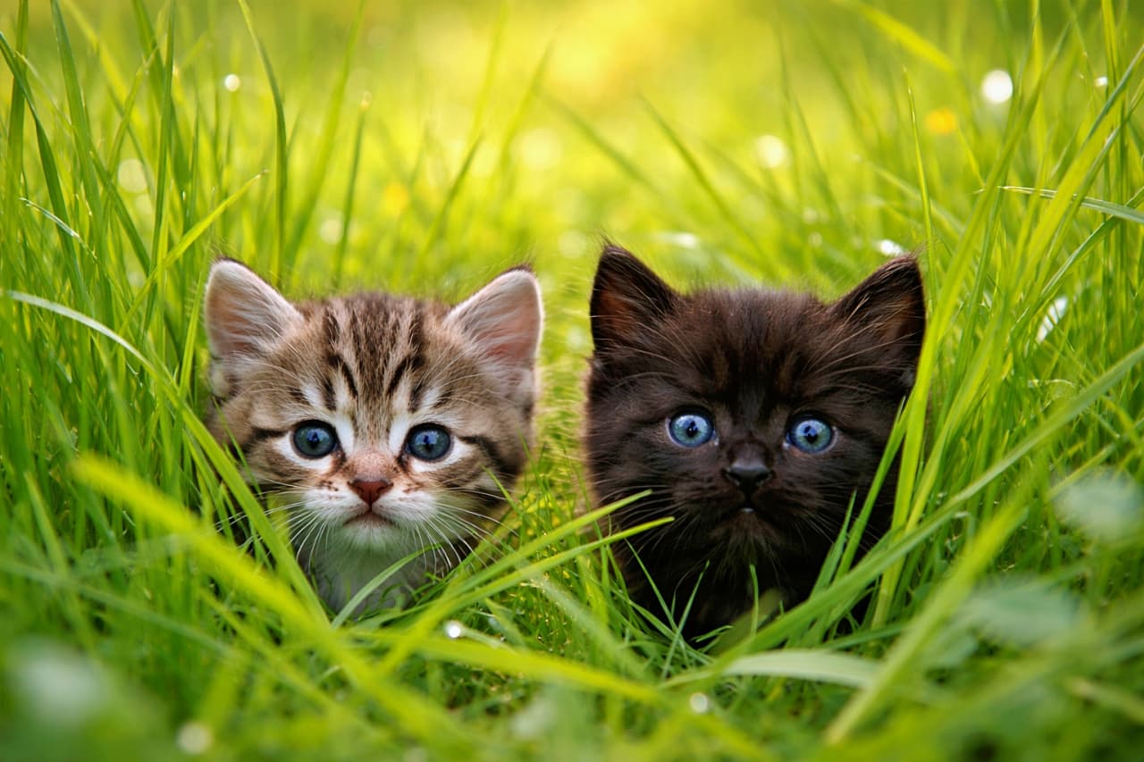 「草むらの奥から、そっとこんにちは。世界を初めて見る目が、まっすぐこちらを見ている」Two tiny kittens, one tabby and one black, peek out from tall green grass in a sunlit meadow, showing only their curious faces. 日差しの差し込む草原で、背の高い草の間から顔だけをのぞかせるキジトラと黒の子猫2匹