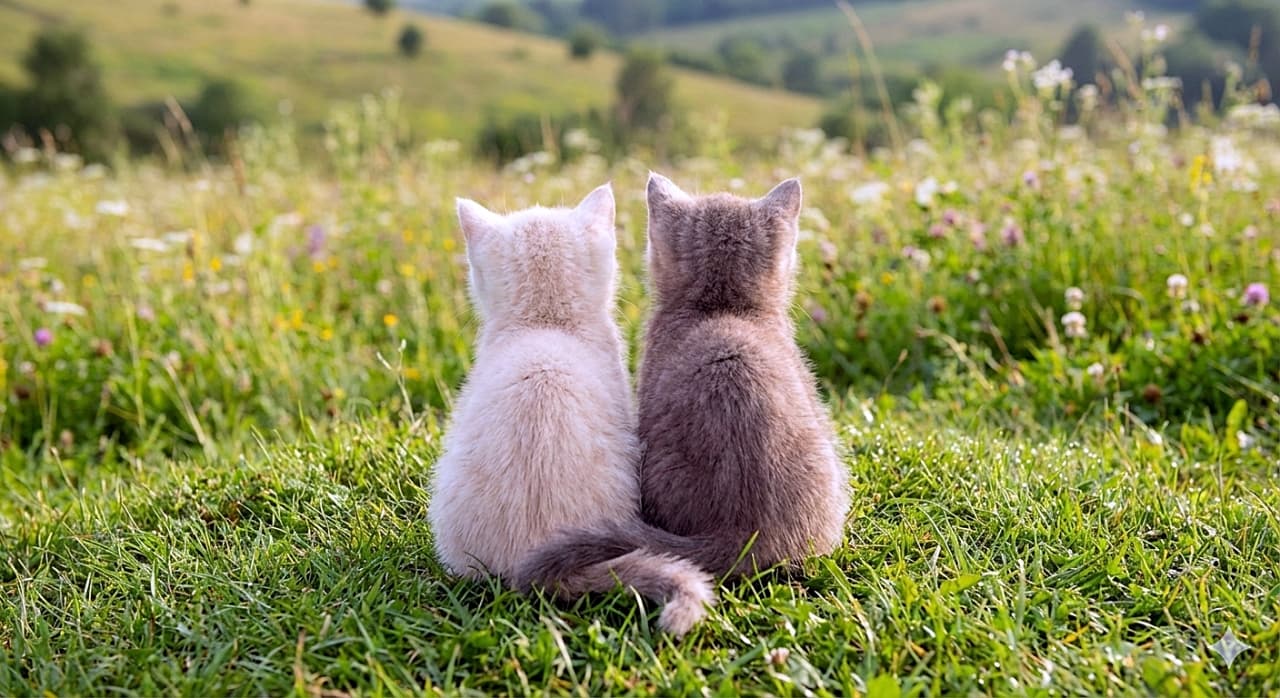 「どんな景色を見てるのかな？🌿 並んで座るまあるい後ろ姿と、くるんと絡まったしっぽがエモすぎる〜💕」A soft-lit, rear-view photograph of two kittens, under 8 weeks old, sitting side-by-side in a green meadow filled with wildflowers, looking out at the distant view. The cream-colored kitten on the left and the grey kitten on the right have their tails affectionately intertwined on the grass behind them. 柔らかな光に包まれた緑の草原で、遠くの景色を眺めるように並んで座る生後8週未満の2匹の子猫の後ろ姿を捉えた写真。左のクリーム色の子猫と右のグレーの子猫は、後ろの草の上でお互いのしっぽを愛情深く絡ませ合っている