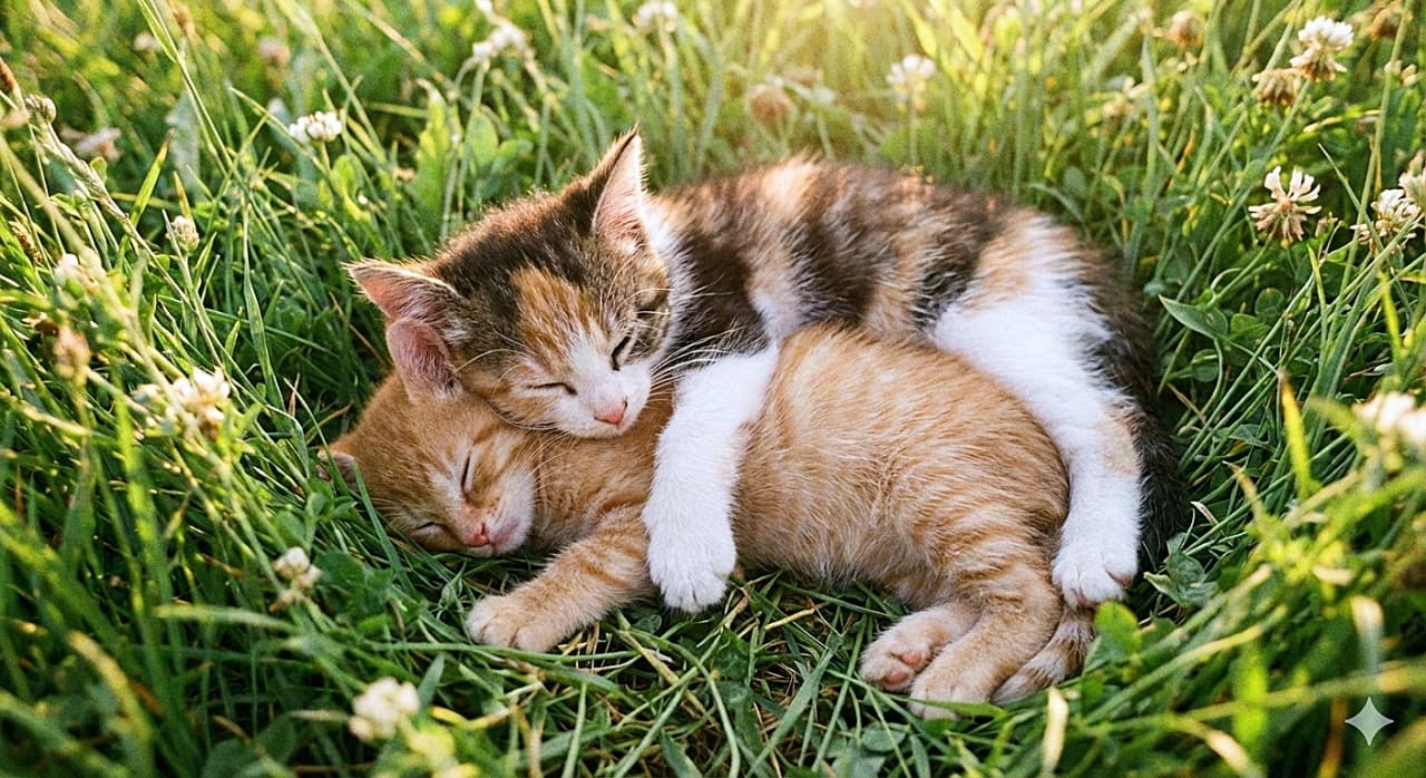 「いっぱい遊んで電池切れ💦 茶トラちゃんの上に三毛ちゃんが重なってスヤスヤ眠る、平和すぎるお昼寝タイム🌿💤」A serene photograph of two exhausted kittens, under 8 weeks old, sleeping soundly in a heap in the soft green grass. A calico kitten is comfortably lying on top of a ginger kitten, both completely relaxed in the warm, peaceful light. 柔らかい緑の草むらで、折り重なるようにしてぐっすりと眠る生後8週未満の2匹の子猫の穏やかな写真。下で眠る茶トラの子猫の上に三毛猫が乗るように抱きついており、暖かな光の中で完全にリラックスしている平和な光景