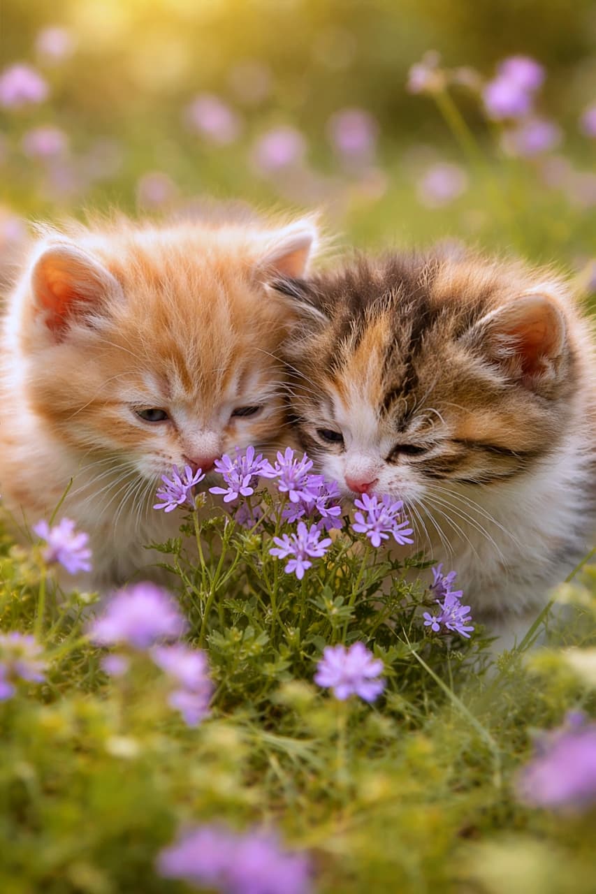 「はじめての花の香りに夢中。小さな鼻が並ぶだけで、春がぐっと近づく」Two curious kittens under eight weeks old sniff purple wildflowers in a meadow, their noses buried in the blossoms under soft natural light. 草原で紫色の野花に鼻をうずめて匂いを嗅ぐ、生後8週未満の子猫2匹のクローズアップ写真