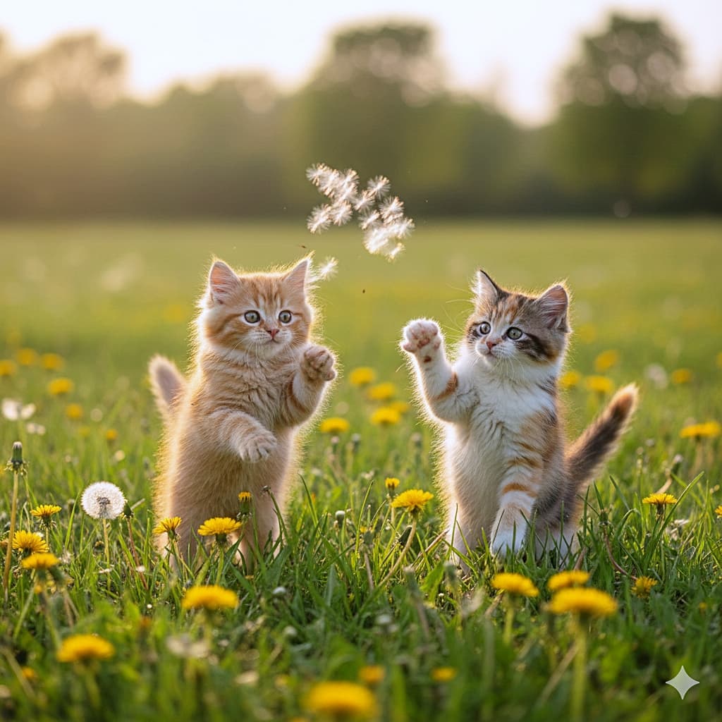 「タンポポの綿毛、待て待て〜！🌼 2匹並んでバンザイしながら背伸びする姿がたまらなく可愛い🐾」An action shot in natural light of two fluffy kittens, under 8 weeks old, playing in a sunny meadow full of dandelions. The ginger kitten on the left and the calico kitten on the right are both standing on their hind legs, reaching up with their paws to catch floating dandelion fluff. タンポポが咲く日差しの降り注ぐ草原で、宙を舞う綿毛で遊ぶ生後8週未満の2匹のフワフワな子猫。左側の茶トラと右側の三毛猫がどちらも後ろ足で立ち上がり、前足をいっぱいに伸ばして綿毛を捕まえようとしている自然光のアクション写真