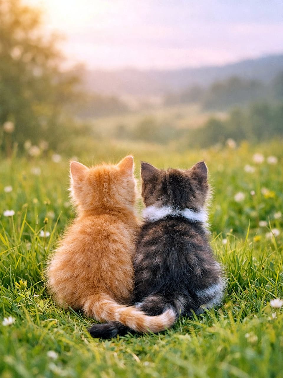 「並んで、しっぽも気持ちもひとつ。子猫たちが眺める、静かでやさしい草原の時間🐾」Two kittens under eight weeks old sit side by side in a green meadow, their tails gently intertwined as they quietly look out at the view in soft light. 生後8週未満の2匹の子猫が、緑の草原で並んで座り、しっぽを絡めながら穏やかな景色を眺めている様子