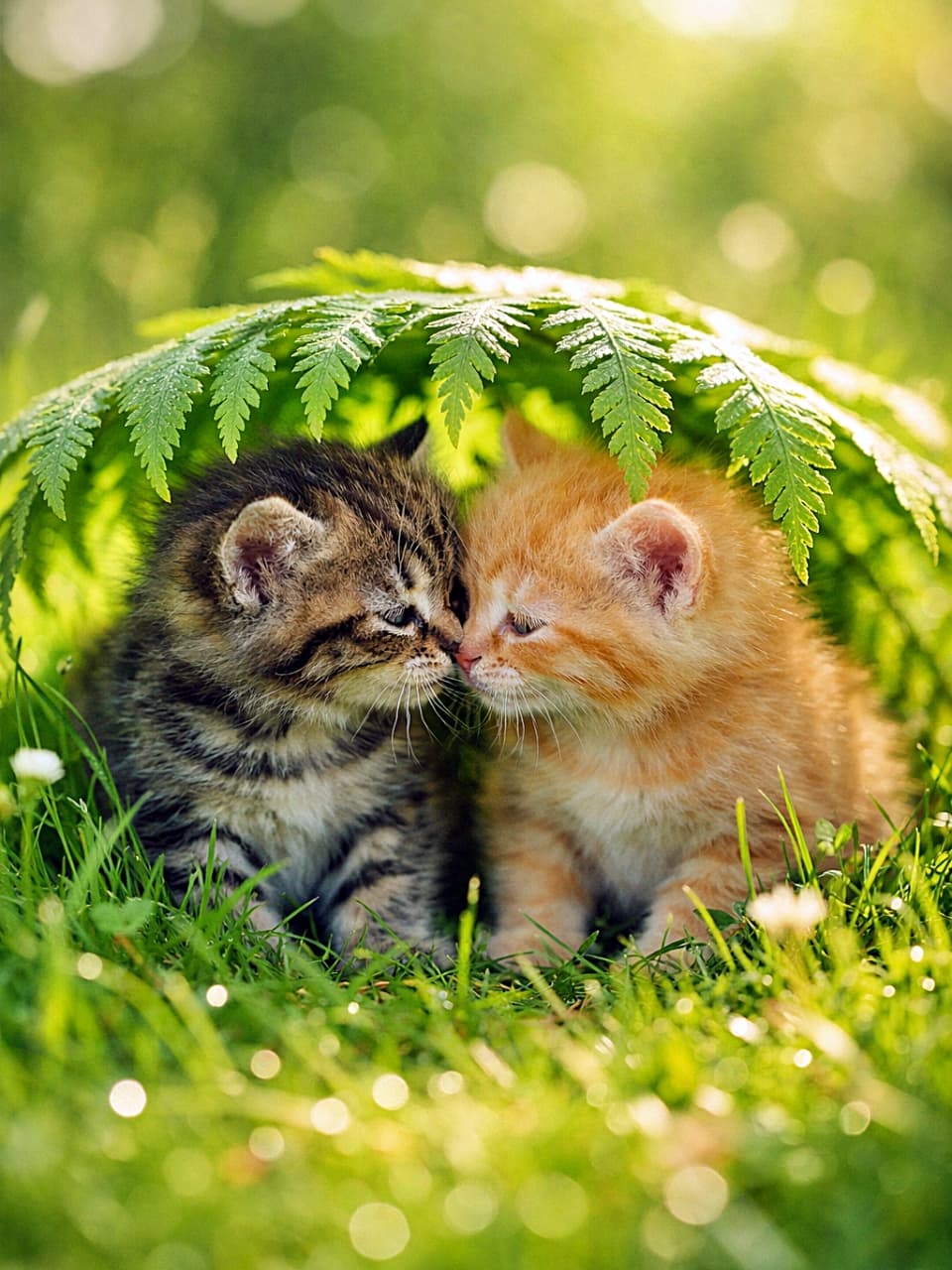 「シダの葉の下は、子猫たちの秘密基地。こそこそ話す距離感が、もう尊い」Two tiny kittens, a tabby and a ginger, huddled nose-to-nose under a large fern leaf in a sunlit green meadow, as if sharing a secret. 日差しが差し込む緑の草原で、大きなシダの葉の下に身を寄せ、内緒話をするように鼻を合わせるキジトラと茶トラの子猫2匹