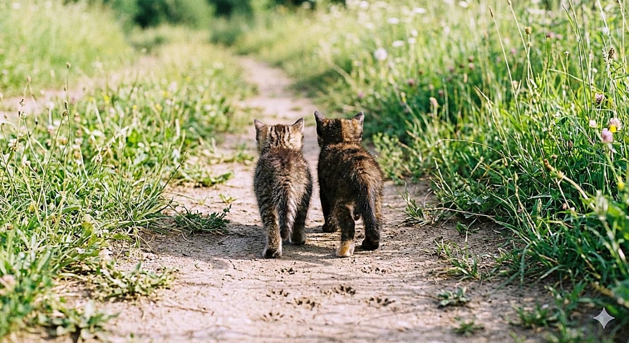 「小さな足跡を残して、2匹並んでどこへ行くのかな？🐾 トコトコ歩く後ろ姿と丸いお尻が愛おしすぎる〜💕」A natural light photograph of two kittens, under 8 weeks old, walking side-by-side away from the camera on a dirt path through a green meadow. A tabby kitten on the left and a tortoiseshell kitten on the right are leaving a trail of tiny paw prints in the dirt as they walk. 緑の草原を抜ける土の道を並んで歩く、生後8週未満の2匹の子猫の後ろ姿を捉えた自然光の写真。左のキジトラと右のサビ猫がカメラから遠ざかるように歩いており、歩いた後の土の上には小さな足跡が点々と残っている