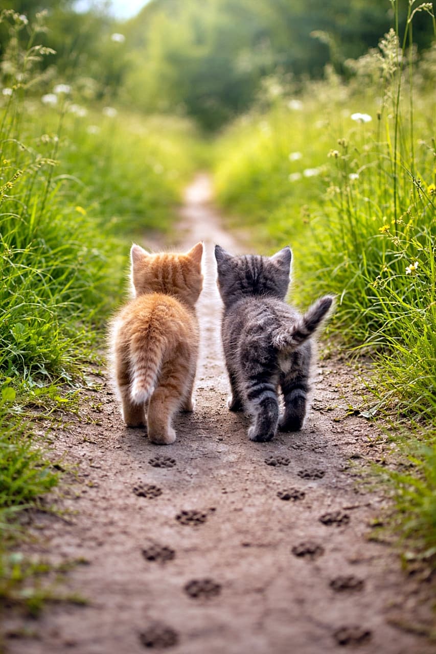 「ちいさな背中が、同じ方向へ。並んだ足跡は、今日いちばん優しい道しるべ」Two kittens under eight weeks old walk side by side away from the camera on a dirt path through a green meadow, leaving tiny paw prints in natural light. 生後8週未満の2匹の子猫が、草原の土の小道を並んで歩き、カメラに背を向けながら小さな足跡を残している様子。自然光