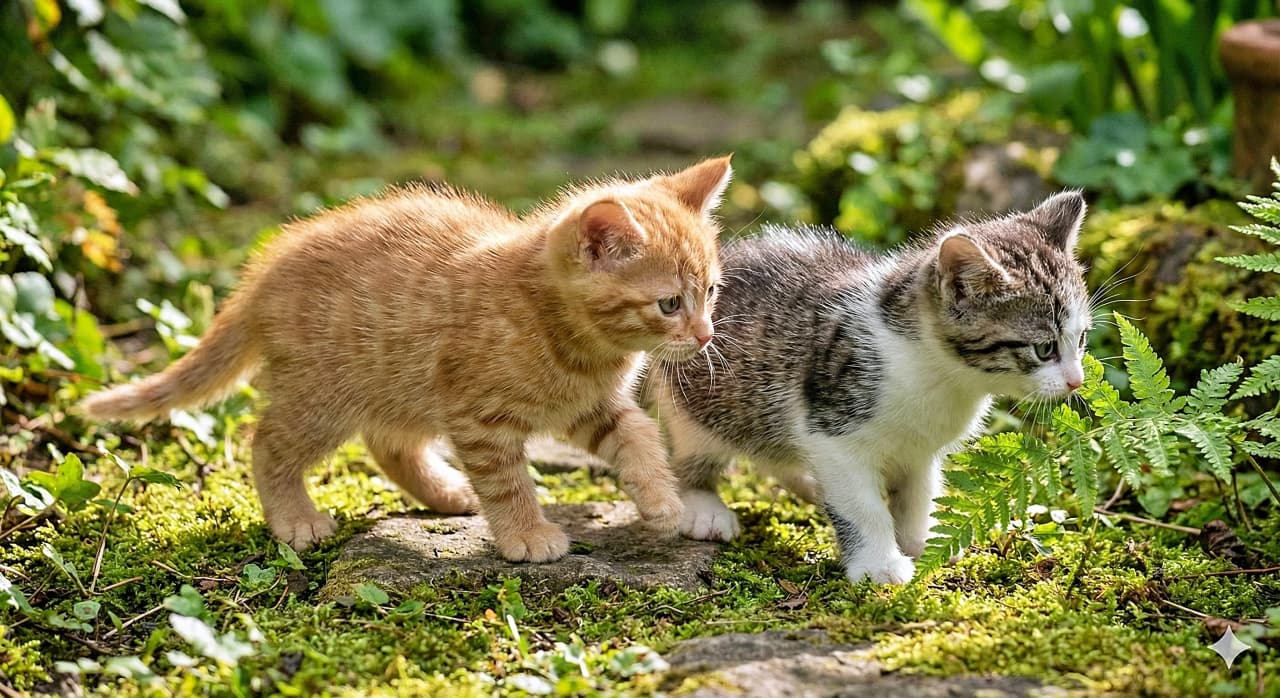 「「この先には何があるのかな？」緑のジャングルを探検中！息ぴったりな2匹の小さな冒険隊」Two kittens, an orange tabby and a tabby-and-white, walking side-by-side exploring a lush green garden with ferns and mossy stones. They look curious and adventurous. 緑豊かな庭の苔むした地面や石の上を、茶トラとキジ白の2匹の子猫が並んで歩いている様子。シダ植物が生い茂る中、好奇心旺盛に探検している