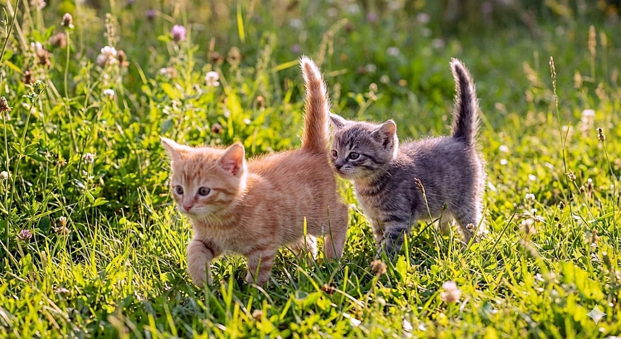 「尻尾をピンと立てて、いざ大冒険へ出発！🐾 草原を元気に行進する子猫たちの探検隊が可愛すぎる〜🌿✨」A natural photograph of two adventurous kittens, under 8 weeks old, exploring a sunlit meadow. The leading ginger kitten is walking forward through tall green grass with its tail held high, while a grey tabby kitten follows closely behind in a line, also with its tail pointing straight up. 太陽の光が降り注ぐ緑の草むらを探検する、生後8週未満の2匹の冒険心あふれる子猫の自然な写真。先頭を歩く茶トラの子猫が尻尾をピンと立てて前へと進み、その後ろをサバトラの子猫が同じく尻尾を高く上げて1列になってぴったりと続いている