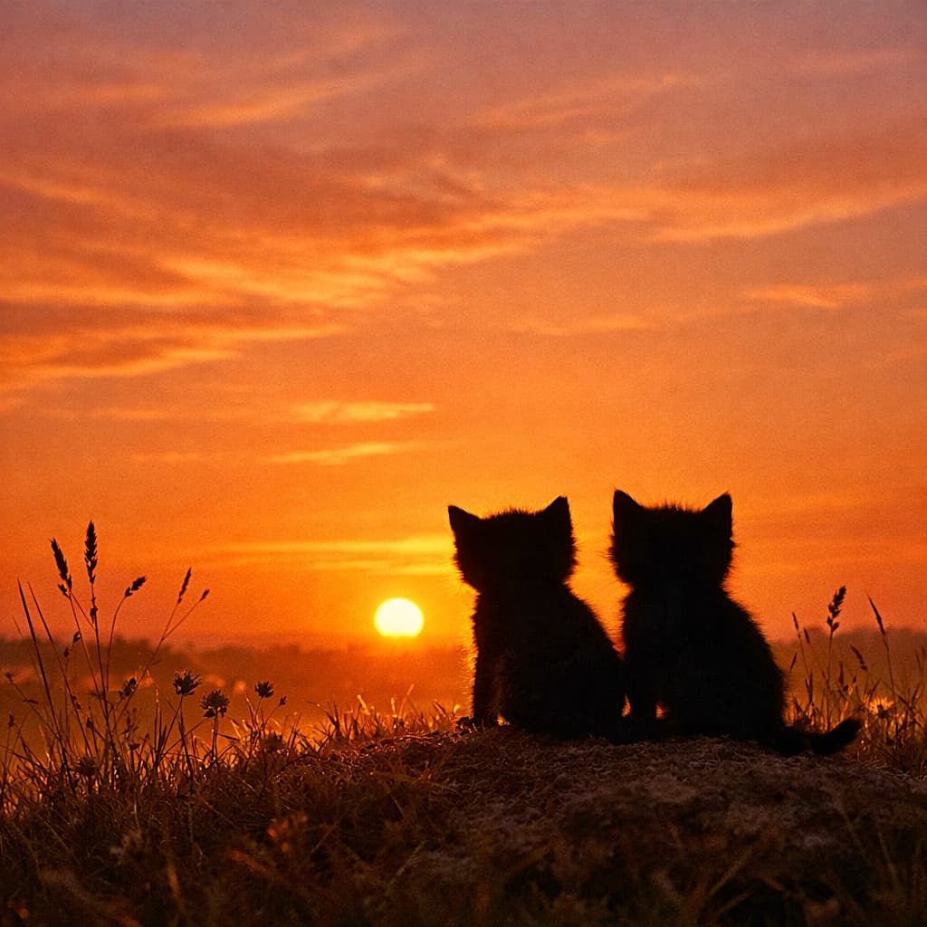 「夕焼けに並んで、今日の冒険を振り返る子猫たち。この時間が、ずっと続けばいいのに」Two young kittens sit side by side on a small hill in a meadow, their silhouettes outlined against an orange and pink sunset sky, watching the sun sink below the horizon. 草原の小さな丘の上で、2匹の幼い子猫が並んで座り、オレンジとピンクに染まる夕焼け空を背景に、沈む夕日を見つめているシルエット