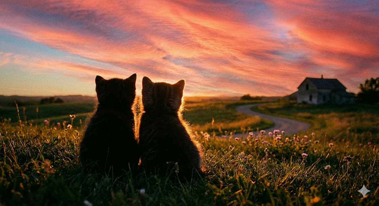 「まるで映画のワンシーン🎬✨ 夕焼け空を仲良く見つめる子猫たちのシルエットに、心から癒される〜🌇💕」A nostalgic golden hour photograph of two kittens, under 8 weeks old, sitting together on a small grassy hill in a meadow, watching a vibrant orange and pink sunset. Their dark silhouettes are beautifully outlined with golden rim light against the evening sky, with a winding path and a distant house in the background. ノスタルジックなゴールデンアワーの光の中、草花の生える小さな丘に並んで座り、オレンジとピンクに染まる鮮やかな夕焼け空を眺める生後8週未満の2匹の子猫の写真。美しい夕暮れの空と背景にある田舎道や家をバックに、子猫たちのシルエットが黄金色の光で美しく縁取られている