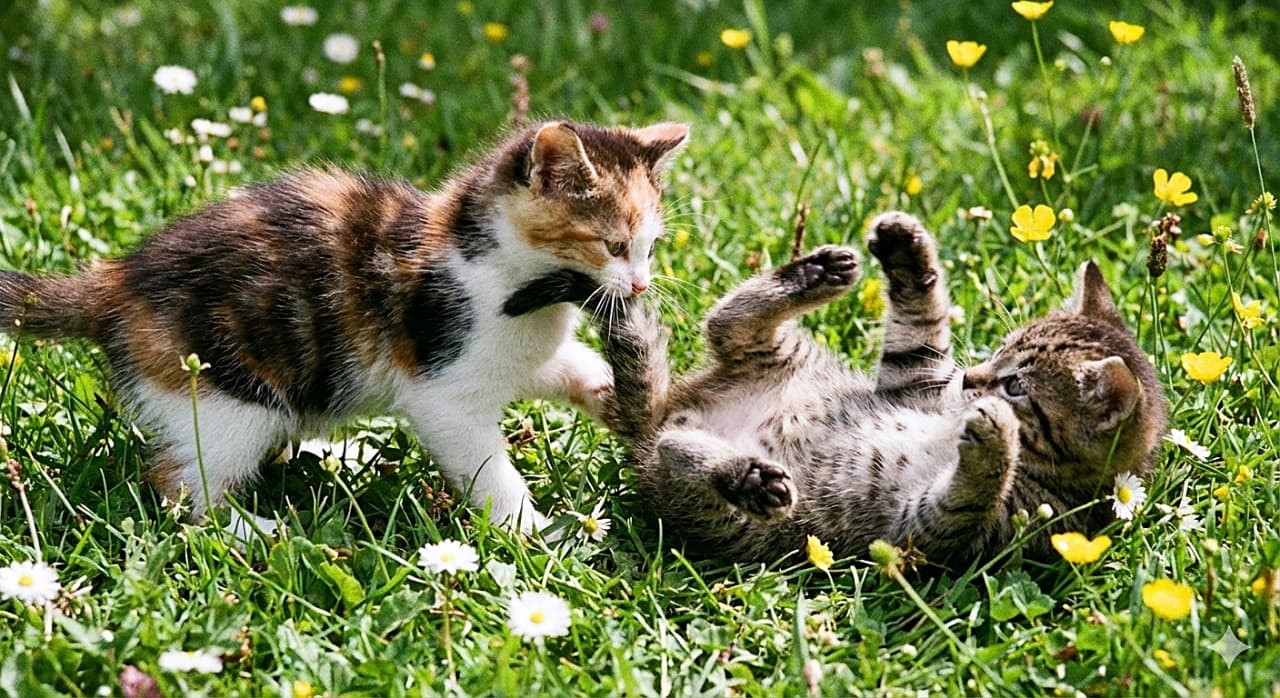 「お花畑でプロレスごっこ！🌼 仰向けで降参ポーズ？のキジトラちゃんに甘噛みする姿がやんちゃで可愛い🐾💕」An action photograph of two playful kittens, under 8 weeks old, wrestling in a meadow of green grass and wildflowers. The calico-mix kitten on the left is playfully biting the tail area of the tabby kitten on the right, which is rolling on its back with its paws playfully in the air. 白や黄色の野花が咲く緑の草むらで、プロレスごっこをしてじゃれ合う生後8週未満の2匹の子猫のアクション写真。左の三毛混じりの子猫が、仰向けに転がって前足を上げている右のキジトラの子猫の尻尾のあたりを甘噛みして遊んでいる