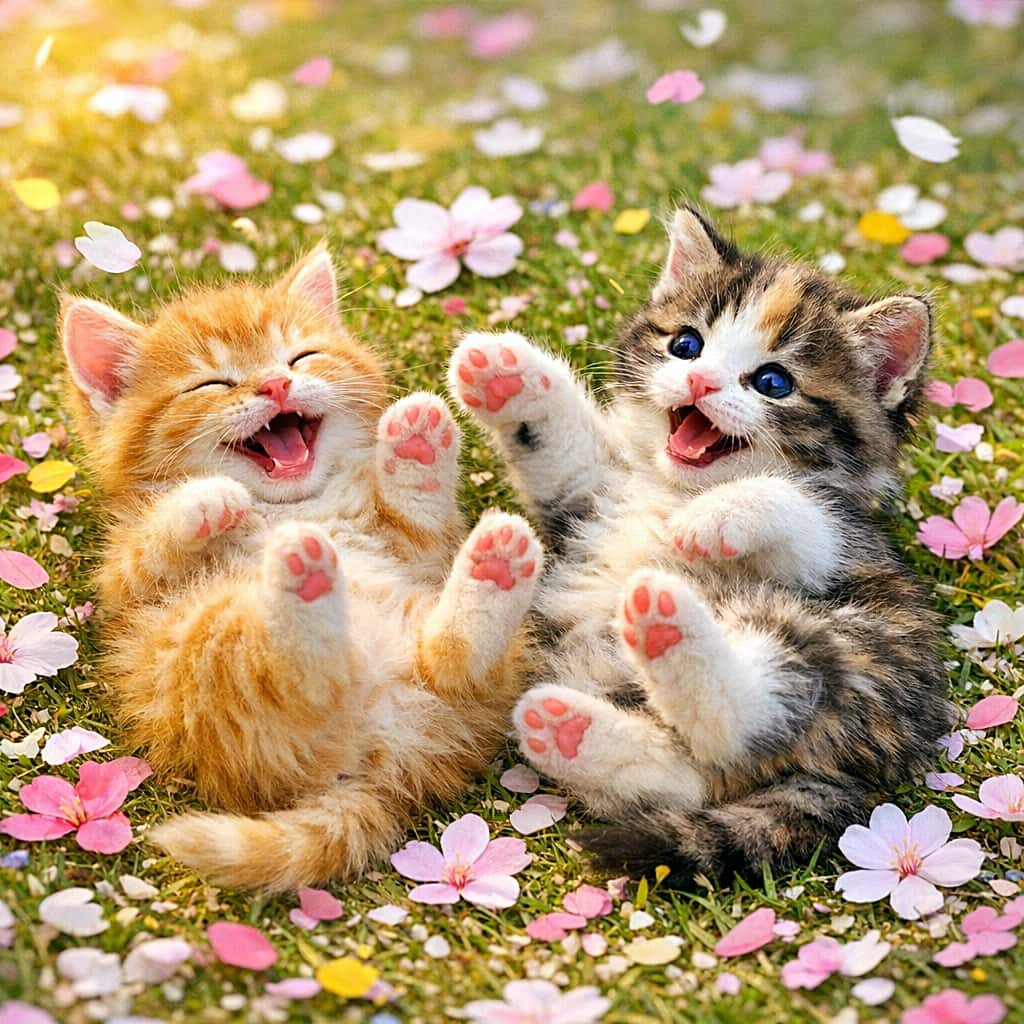 「「春が来たニャー！」仰向けで大爆笑？花びらが舞う中、ヘソ天でシンクロする最高にハッピーな瞬間！」High-angle shot of two happy kittens rolling on their backs on grass filled with flower petals. An orange tabby and a tabby-and-white kitten have their mouths open as if laughing, with paws in the air amidst falling pink petals. 花びらが散りばめられた芝生の上で、仰向けになって大笑いしているような茶トラとキジ白の子猫。両手を上げてヘソ天ポーズをとっており、ピンクの花びらが舞い散っている