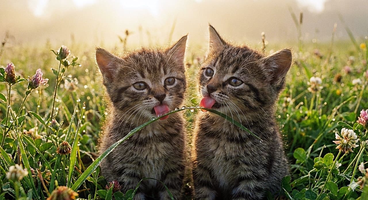 「朝露のお水、美味しいニャ💧✨ 2匹並んで草の葉っぱをペロペロするキジトラちゃんたちに癒やされる〜🌿💕」A close-up shot in fresh morning light of two thirsty tabby kittens, under 8 weeks old, in a green meadow. They have their small pink tongues out, licking morning dew drops from a large, wet blade of grass arching between them. 爽やかな朝の光に包まれた緑の草原で、1本の草についた朝露を舐めようとしている生後8週未満の2匹のキジトラの子猫のクローズアップ写真。2匹並んで小さなピンク色の舌をペロッと出している自然な光景