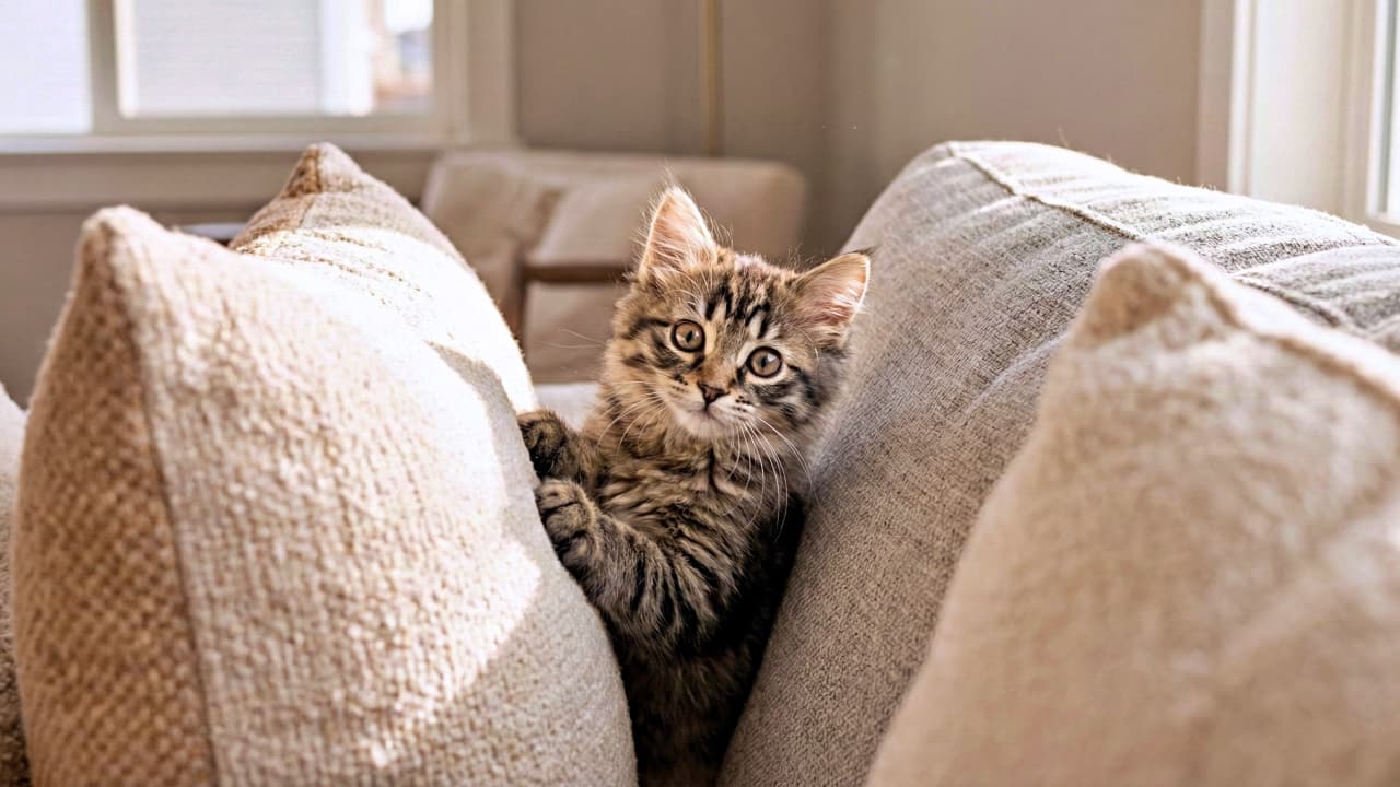 「「クッションのすき間、実は特等席。」落ち着く場所、ちゃんと知ってます」A fluffy tabby kitten sitting between large sofa cushions, looking directly at the camera with bright eyes in a softly lit living room, creating a warm and inviting atmosphere. 大きなソファクッションの間にちょこんと座り、やわらかな光の差し込むリビングで、まっすぐこちらを見つめるふわふわのキジトラの子猫
