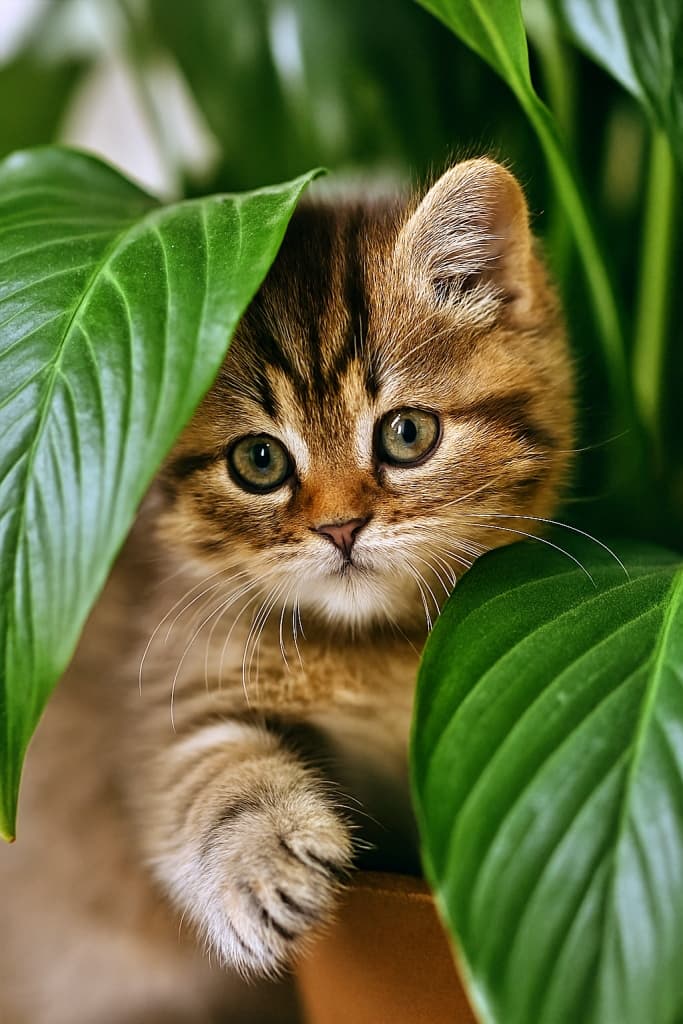 A tabby kitten peering out from behind deep green houseplant leaves, with its round face and a light brown paw that appears pale due to lighting. 濃い緑の葉のかげから、丸い顔と光の加減で白っぽく見える淡い茶色の前足をのぞかせる子猫