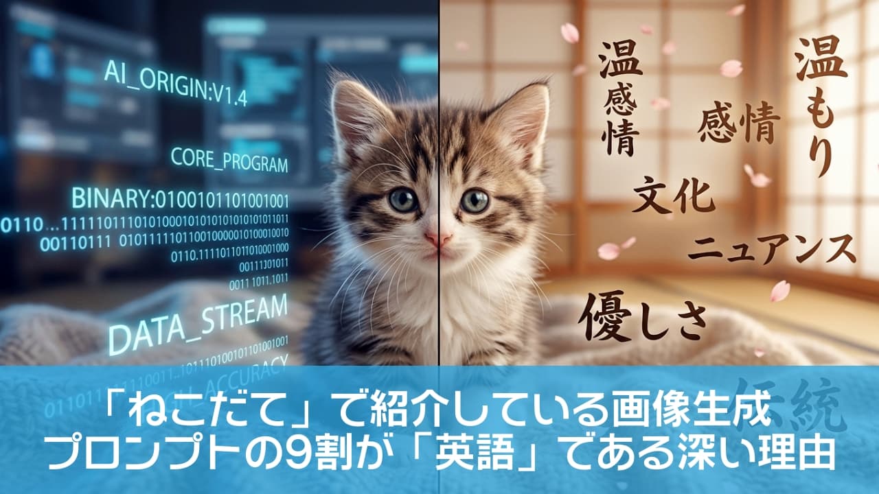 「最先端AI×日本の伝統、どっちの温もりもボクの中に！未来をまとう最強に可愛いハイブリッド子猫ちゃん🤖🌸 #猫のいる暮らし #AIアート #癒やし猫」An ultra-realistic high-quality photograph of an adorable 10-week-old brown tabby and white kitten on a split screen. The left side features cool-toned lighting with glowing blue futuristic AI text and binary code. The right side showcases warm cinematic lighting in a traditional Japanese room with floating calligraphy and cherry blossom petals, focusing sharply on the kitten's face. 左右で世界観が分かれた画面の中央に佇む、生後10週間の愛らしい短毛種のキジ白子猫。左半分はクールな光と青く輝くAIの英字コードや2進数が浮遊するデジタル空間、右半分は柔らかな光と「優しさ」「伝統」といった美しい日本語の書体、そして桜の花びらが舞う和室の空間。子猫の潤んだ大きな瞳と愛らしいマズルにピントが合った、SFと和風の対比が美しい超高精細な画像