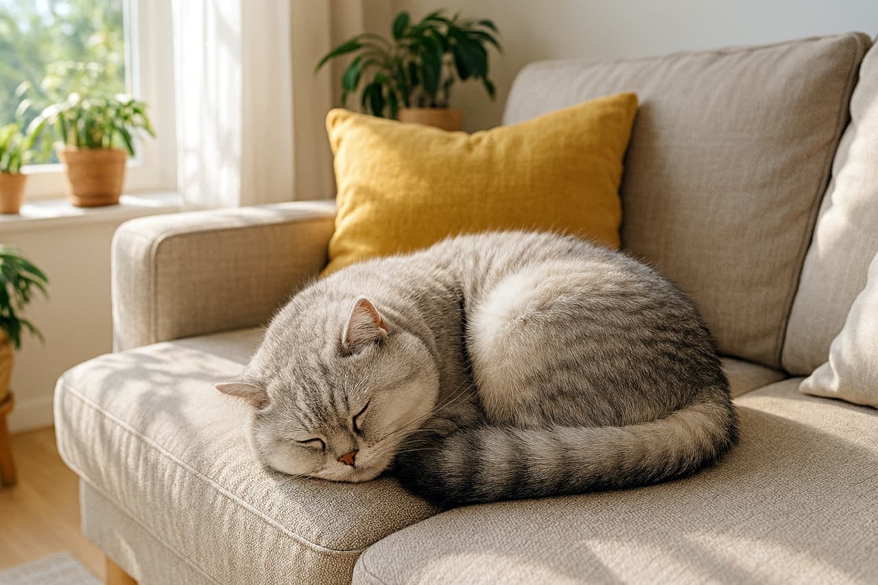日差しの差し込む夏のリビングで、銀色のブリティッシュショートヘアがアンモナイトのように丸まってソファで眠っている様子。背景には黄色いクッションと観葉植物があり、穏やかな午後の雰囲気が漂う