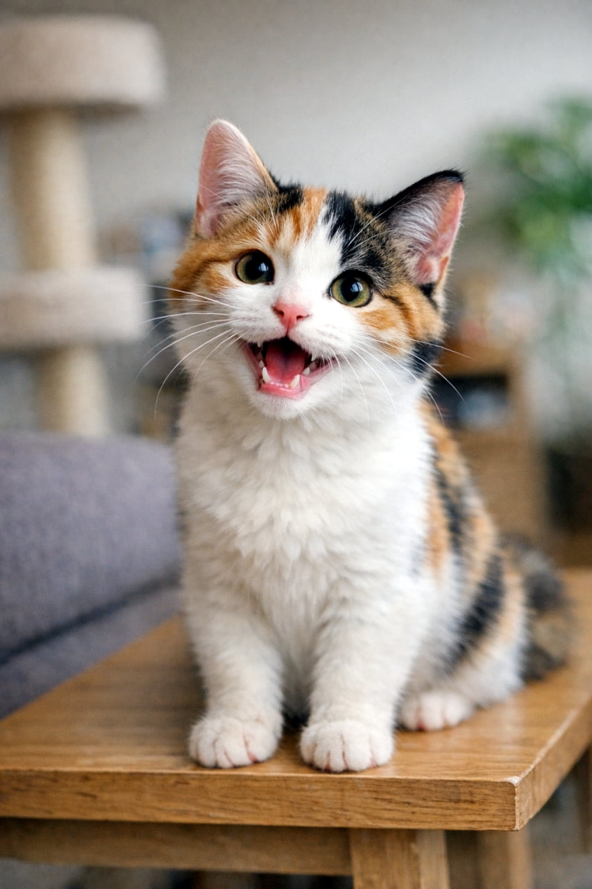 「今日のおしゃべり相手は、わたしにゃ！」An eight‑month‑old calico cat leans forward as if coming to chat, her mouth slightly open in a friendly meow. Her fur is a mix of white, orange, and black, and her bright eyes look directly at the viewer with curiosity. She stands with her front paws placed confidently on a surface, tail lifted in a relaxed curve. The background shows a cozy indoor space with soft lighting, giving the scene a warm, inviting feeling. 生後8ヶ月の三毛猫が、まるで「ねえねえ」と話しかけに来るように前のめりになり、口を少し開けて優しく鳴いている。白・茶・黒の毛色が柔らかく混ざり、好奇心いっぱいの目でこちらを見つめている。前足をちょこんと前に出し、尻尾はリラックスしたカーブ。背景には柔らかな光の室内が広がり、温かい雰囲気が漂っている