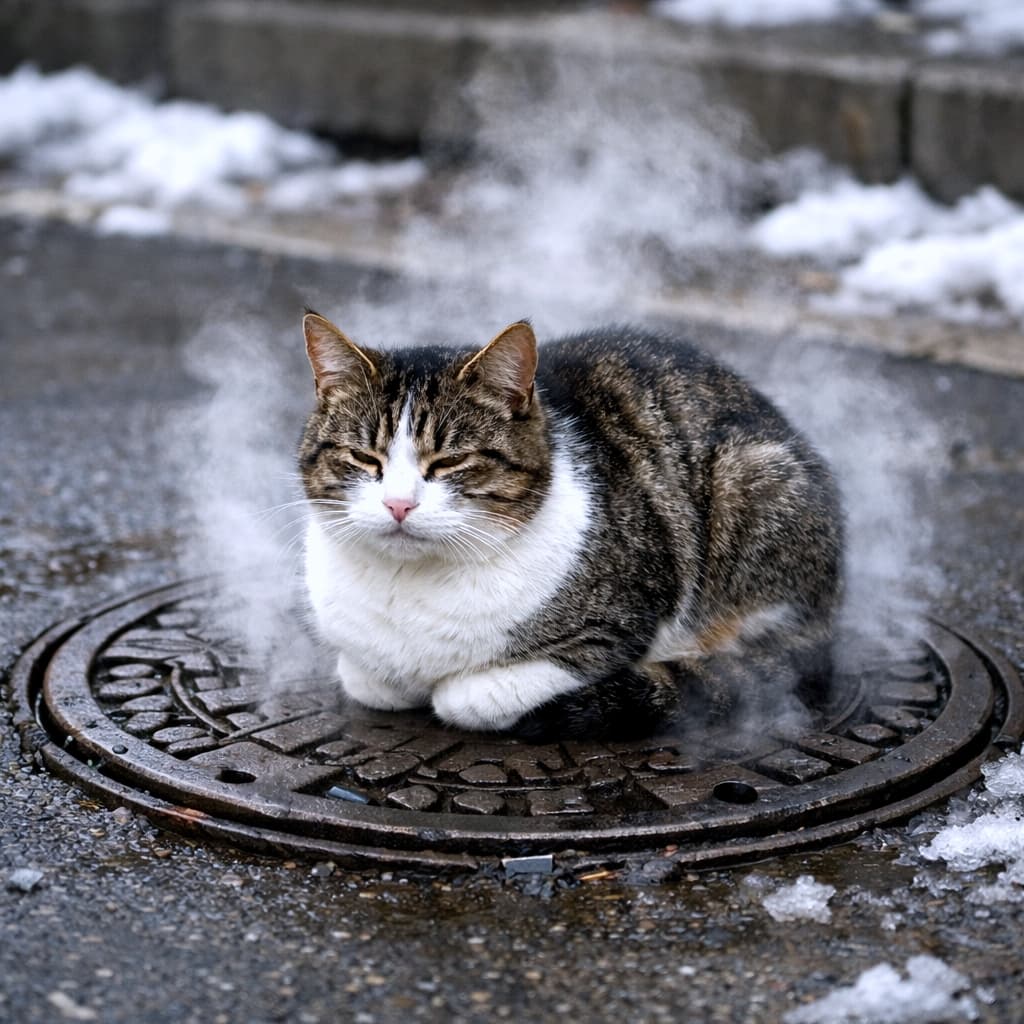 「天然の床暖房み〜つけた🐾 湯気に包まれて香箱座りする姿が、まるで温泉に入っているみたいで癒されます♨️☺️ #猫のいる風景 #香箱座り #あったか」Ultra-realistic high-quality photograph of a tabby and white cat sitting in a loaf position on a steaming manhole cover on a snowy street. The cat is wrapped in steam and looks relaxed. Close-up composition. 雪の降る冬の道で、温かいマンホールの上にちょこんと香箱座りをするキジ白猫のクローズアップ。白い湯気にふんわりと包まれ、リラックスした表情を浮かべている高品質な写真