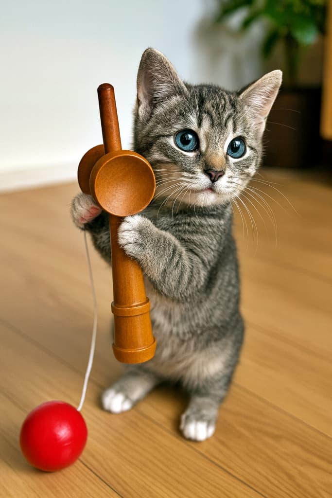 A realistic gray-and-white kitten stands on a wooden floor, holding a wooden kendama with its front paws. The red ball rests on the floor, while a sofa, wall, and a potted plant are softly blurred in the background of a cozy living room. 木目の床の上で、灰白のリアルな子猫が前足で木製のけん玉をしっかり抱えて立っている。赤い玉が床に転がり、背景にはソファや壁、観葉植物がぼんやりと写った室内のリビングが広がっている