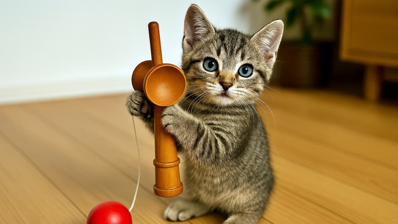 A small gray-and-white kitten stands upright on tatami flooring, holding a kendama with its front paws. Shoji screens, a low wooden table with a tea set, and potted plants in the background create a calm traditional Japanese room atmosphere. 畳の上で小さな灰白の子猫が後ろ足で立ち、前足でけん玉を抱えている。背景には障子や低い木製テーブル、茶器、観葉植物が並び、和室ならではの落ち着いた雰囲気が漂っている