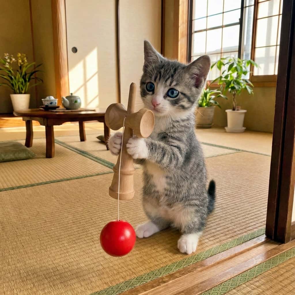 「「見て見て！あたしもけん玉できるよ！😼✨」 お正月の隠し芸を特訓中！？ 小さなおててで一生懸命支える姿に、もうメロメロです💕 目指せ、けん玉マスター！🍡🐈」A photorealistic close-up of a cute gray tabby kitten standing on its hind legs in a cozy living room, playfully holding a traditional Japanese wooden Kendama toy with its front paws. 暖かいリビングルームで、後ろ足で立ち上がり、日本の伝統的なおもちゃ「けん玉」を前足で抱えるように持っている、愛らしいサバトラの子猫のリアルな写真