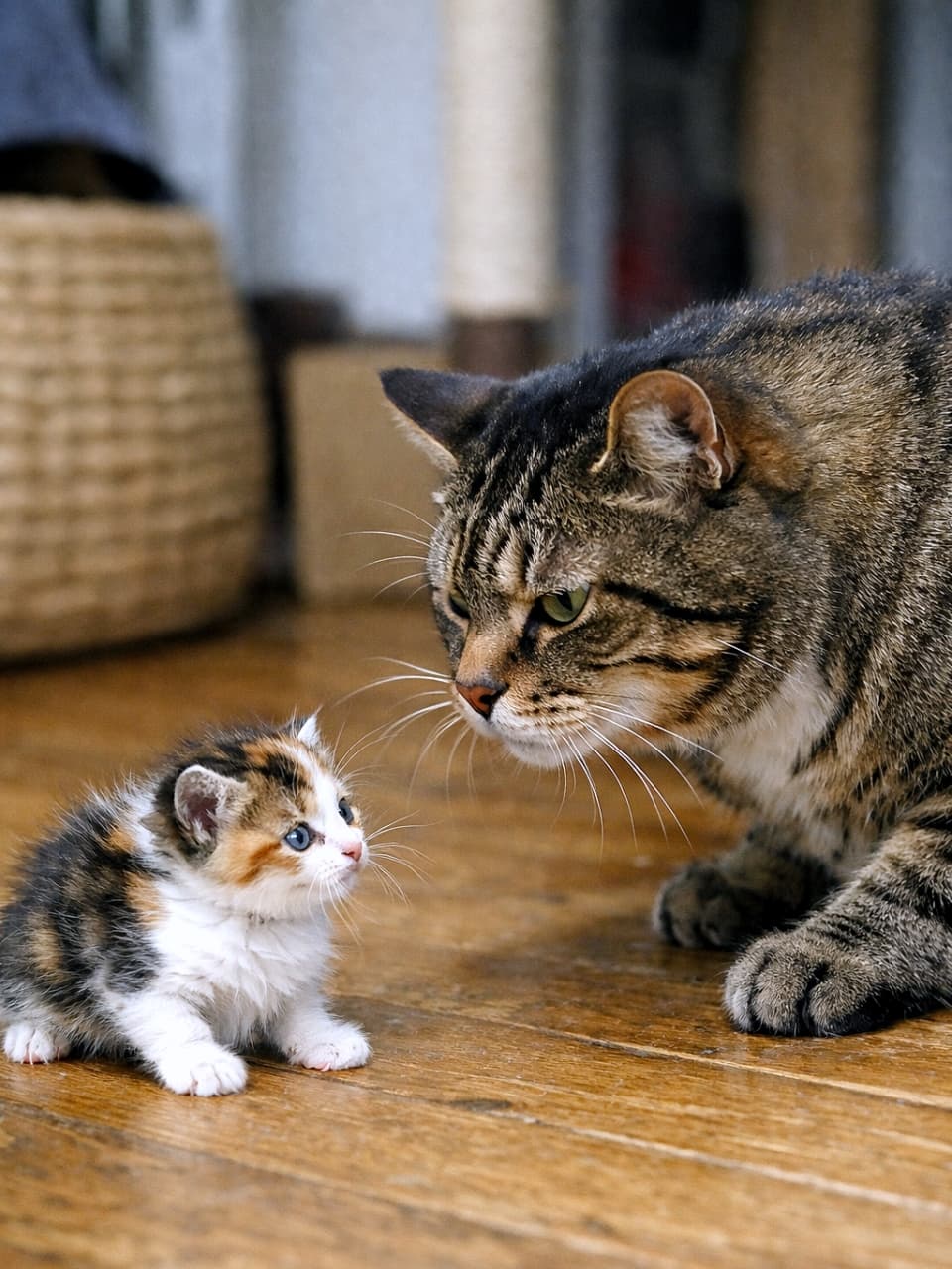「ボス猫、ついに新人チェック開始！」A rescued kitten and a large resident boss cat meet for the first time in a realistic photo-style scene. The tiny kitten stands with its tail puffed up, ears slightly tilted back, and wide blue eyes fixed on the adult cat. The boss cat, a muscular tabby with a stern expression, leans forward to sniff the kitten while keeping a confident, dominant posture. Soft natural light fills the room, highlighting the contrast between the kitten’s fragile fluff and the adult cat’s powerful presence. 保護された子猫と先住のボス猫が初めて対面する瞬間。子猫はしっぽをふくらませ、耳を少し引き気味にしながら大きな青い瞳で相手を見つめている。ボス猫は堂々とした体勢で前のめりに近づき、子猫の匂いを確かめるように鼻先を寄せている。柔らかな自然光が、頼りない子猫のふわふわ感と、風格あるボス猫の存在感を際立たせている