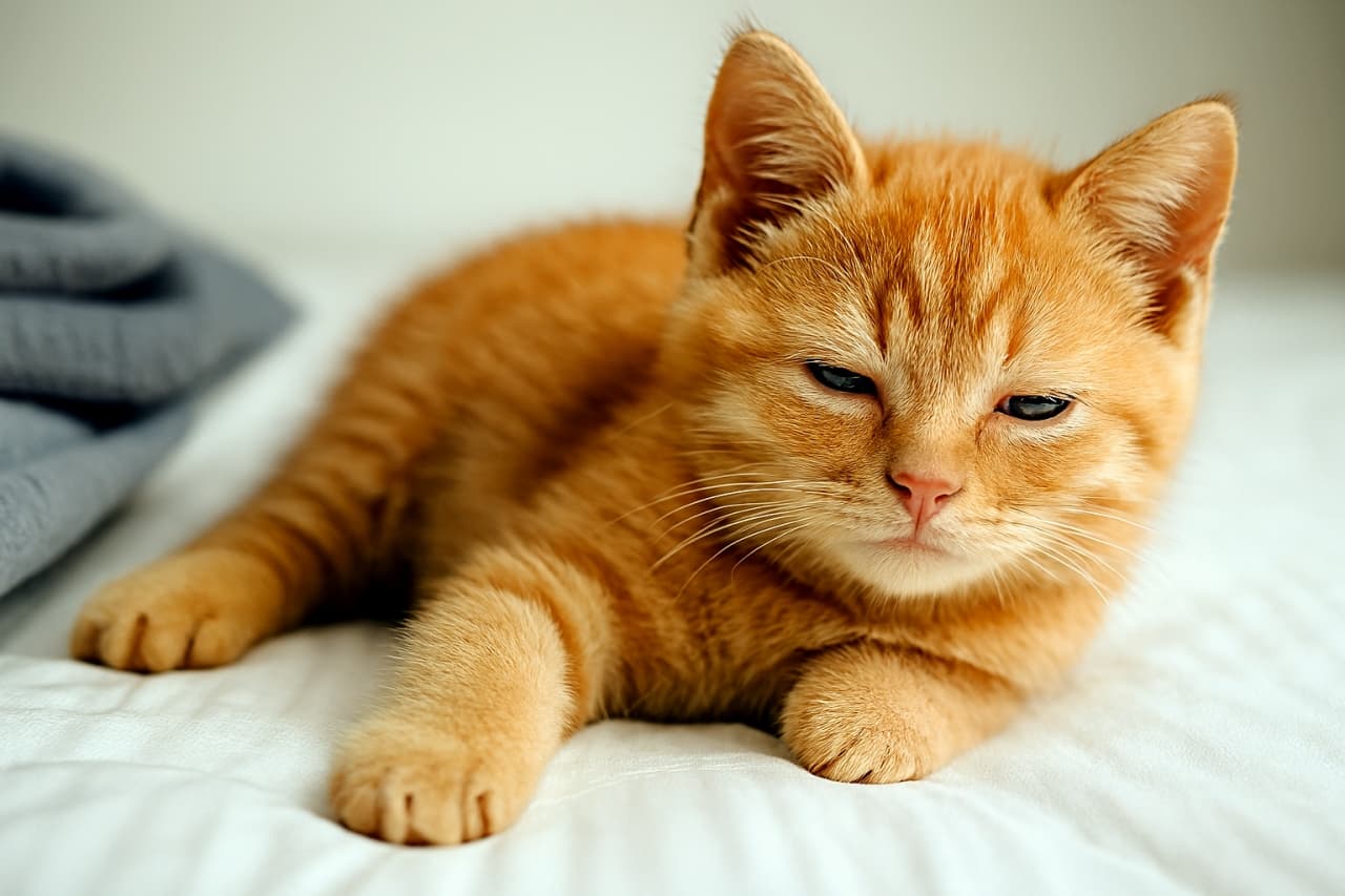 白いシーツの上で前足を伸ばし、半分閉じた瞳でこちらを見つめるオレンジ色の子猫。柔らかな朝の光に包まれ、眠たげな表情が愛らしい。
