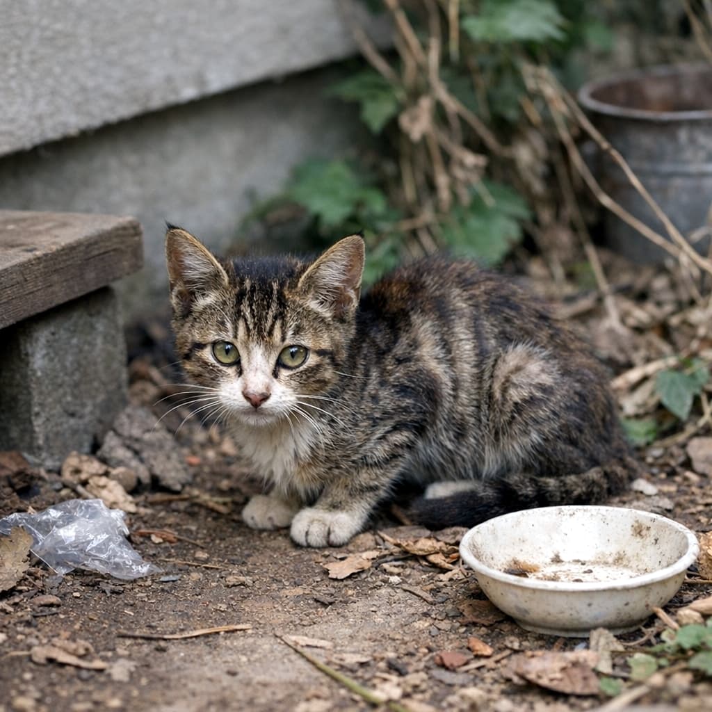 「「お腹空いたニャ…」潤んだ瞳でじっと見つめてくるキジトラちゃん。お腹を空かせて裏庭に迷い込んできたみたいです🥺🍚」A realistic photograph of a young, thin brown tabby stray cat with a white muzzle sitting on the dirt in a backyard. The cat looks directly into the lens with a mixture of hunger and caution. In the foreground, there is an empty, slightly dirty white ceramic bowl, and the background features a weathered concrete wall and dry plants, highlighting the cat's precarious life. 裏庭の土の上に座り、空腹と警戒心が入り混じったような表情でこちらを見つめる若いキジ白の野良猫のリアルな写真です。猫はキジトラ模様に白い口元が特徴で、手前には汚れのついた空っぽの白い皿が置かれています。背景の古びたコンクリート壁や散らばった枯れ葉が、過酷な外の世界で食べ物を探して迷い込んできた様子を物語っています