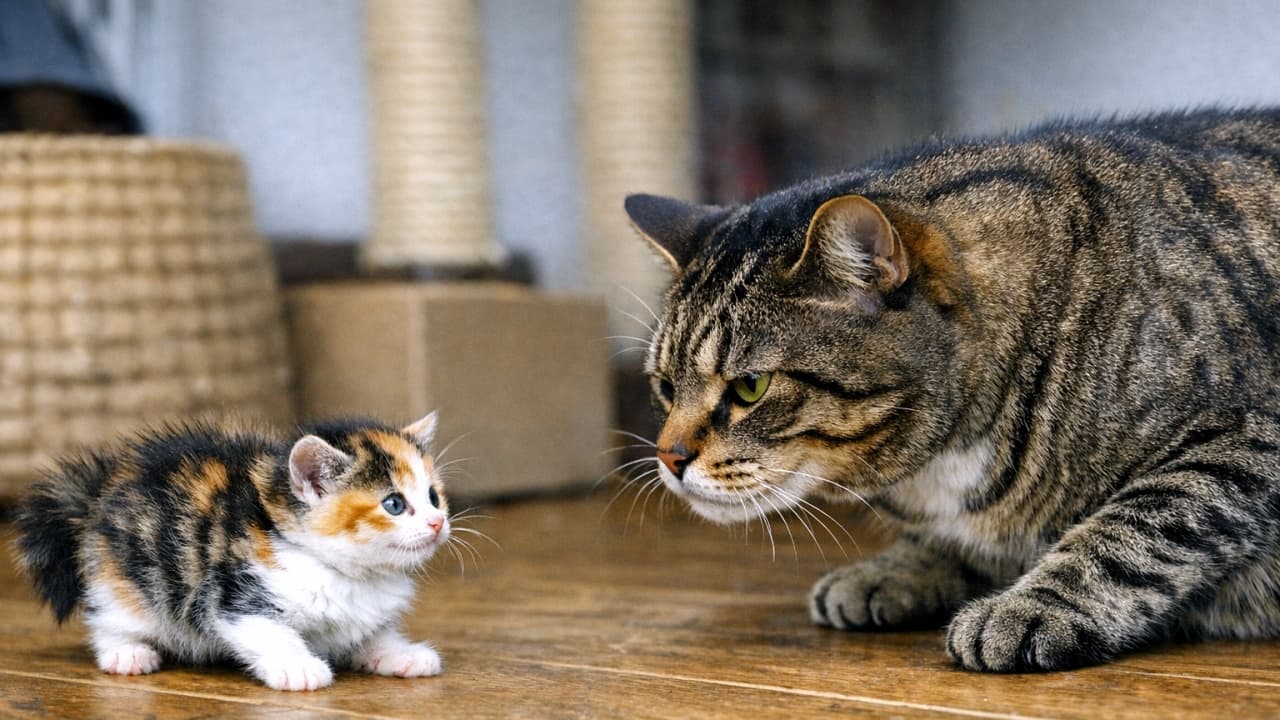 「絶対的リーダーの先住猫による、至近距離での厳しい新人チェックがスタート。にらめっこ開始。勝つのは度胸か、貫禄か」A wide horizontal photo-style image showing a rescued calico kitten on the left and a large tabby boss cat on the right, facing each other on a warm-toned wooden floor. The kitten’s fur is puffed up, tail raised, and blue eyes wide with curiosity and tension. The tabby cat leans forward with narrowed green eyes and flattened ears, its muscular body lowered in a dominant stance. Soft daylight filters through the room, highlighting the contrast between the kitten’s fragile fluff and the boss cat’s imposing presence. 横長構図で、左に保護された三毛の子猫、右に風格ある茶トラのボス猫が向かい合う。木の床の上で、子猫は毛をふくらませてしっぽを立て、青い瞳を大きく開いて緊張と好奇心をにじませている。ボス猫は耳を伏せ、鋭い緑の目で見つめながら体を低く構え、堂々とした姿勢で子猫を観察している。柔らかな日差しが室内に差し込み、ふわふわの子猫と貫禄あるボス猫の対比を美しく照らしている