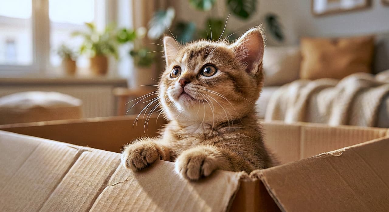 「王道の可愛さ!キジトラ子猫ちゃんが箱からひょっこり🐾 その視線の先には楽しいことがあるのかな?」Adorable brown tabby kitten resting its paws on the edge of a cardboard box and looking up. 段ボール箱の縁に前足をかけて上を見上げる、愛らしいキジトラ模様(ブラウンタビー)の子猫