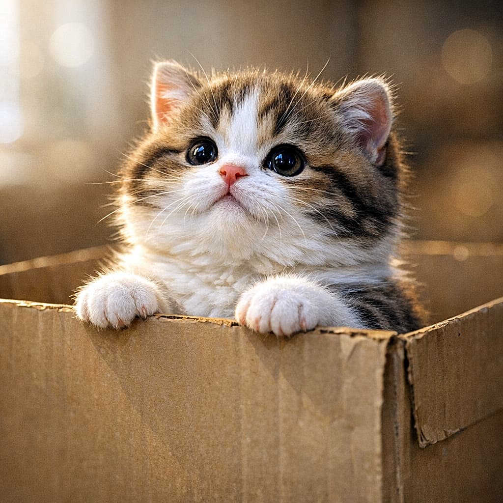 「むちむちボディが正義!😤 箱にすっぽり収まったマンクスちゃんの、あざとい上目遣いに完敗です…💘」Chubby calico tabby Manx kitten looking up with wide eyes from inside a cardboard box. 段ボール箱の中から真ん丸な瞳で上を見上げる、むちむちとした三毛トラ模様のマンクスの子猫