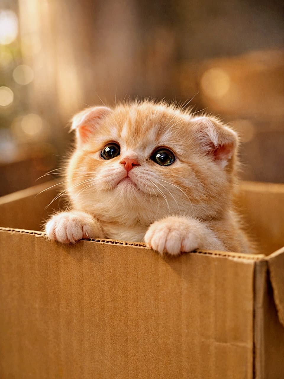 「うるうる瞳で何をおねだり?🥺 クリーム色のふわふわキンカローちゃん、箱の中からこんにちは📦💕」Cute Cream Kinkalow kitten with folded ears and big dark eyes looking up from a cardboard box. 段ボール箱から上を見上げる、折れ耳と大きな瞳が愛らしいクリーム色のキンカローの子猫