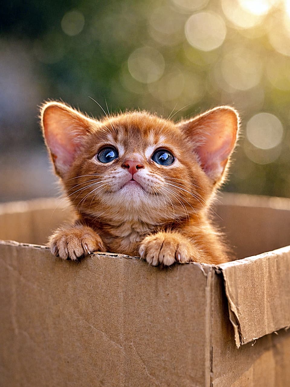 「その視線の先には何があるの?✨ キラキラお目目の茶トラ子猫ちゃん、箱から期待の眼差し🥺🧡」Cute orange tabby kitten with big, sparkling eyes looking up intently from inside a cardboard box. 段ボール箱の中から、キラキラと輝く大きな瞳で真剣に上を見上げている、可愛い茶トラの子猫