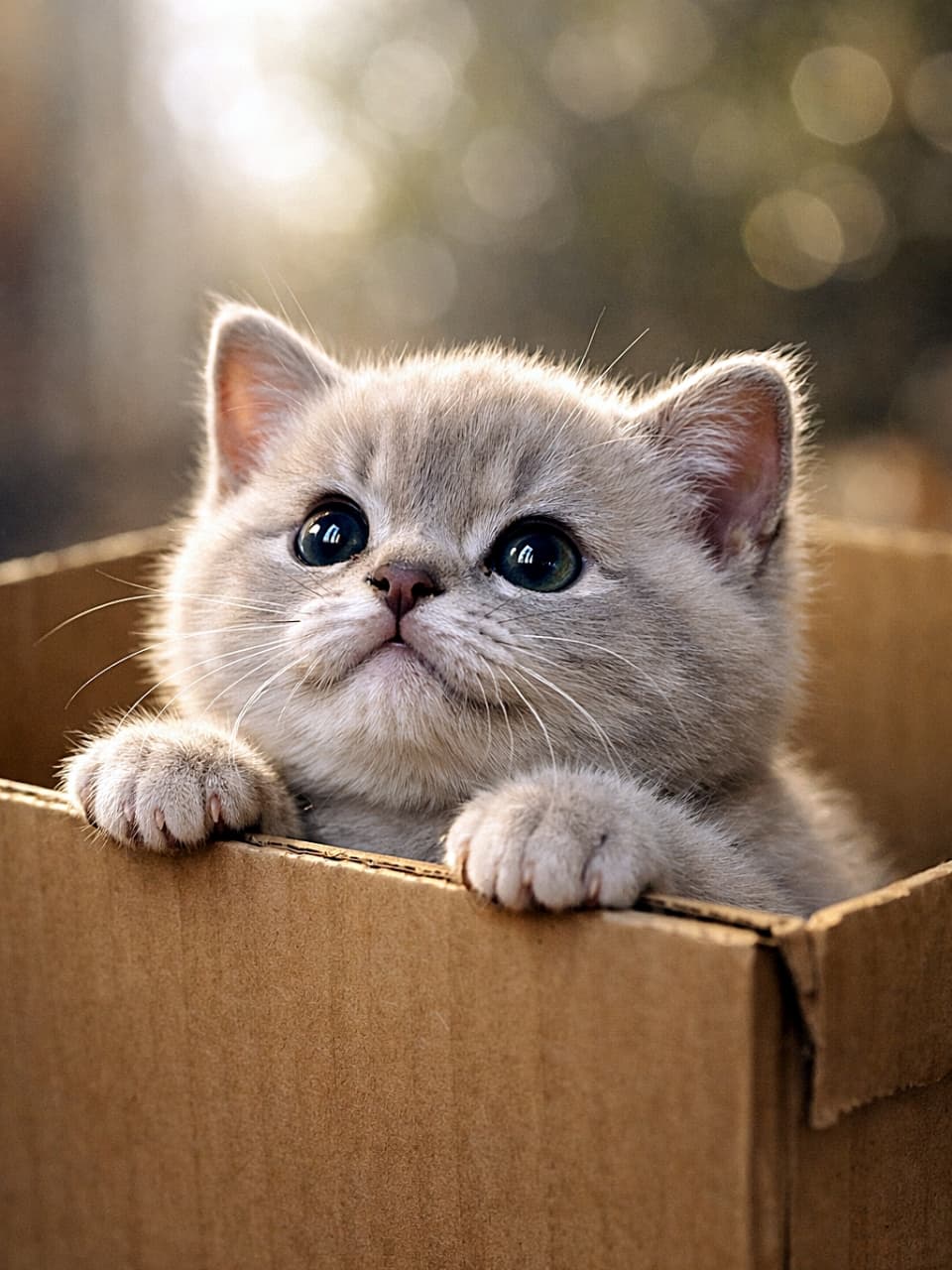 「まんまるお顔がぬいぐるみのよう🧸 グレーのふわふわ子猫ちゃん、この箱がお気に入りの場所みたい!🏠」Chubby solid gray kitten with round face peeking out of a cardboard box with warm bokeh background. 温かい光の中で段ボール箱から顔を出す、丸い顔が愛らしいソリッドグレー(ブルー)の子猫