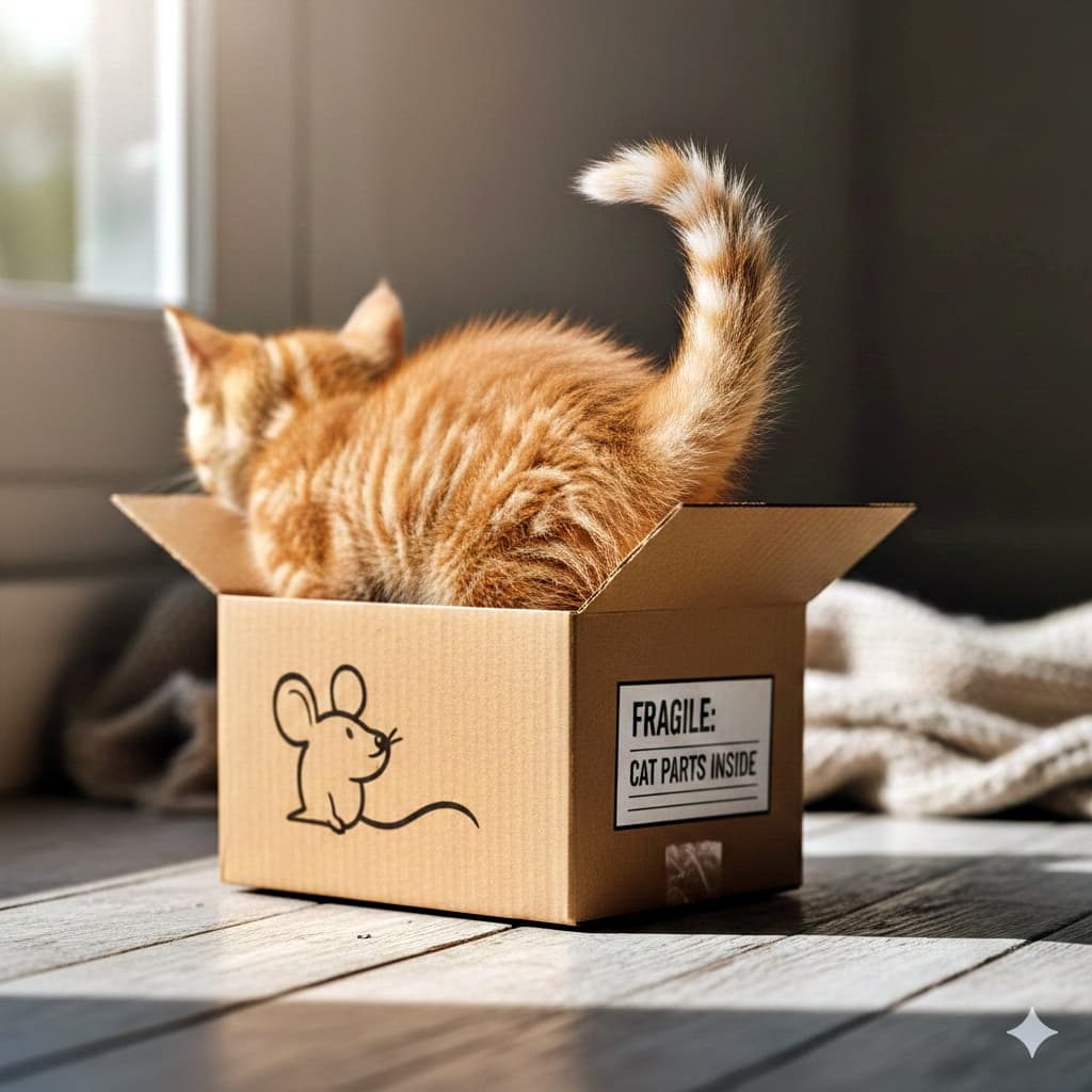 A ginger tabby kitten is half inside a tiny cardboard box on a sunlit wooden floor near a window; only its fluffy hind legs, hips, and tail stick out, with a printed cartoon mouse on the box and a humorous label reading “FRAGILE: CAT PARTS INSIDE.” 日差しの入る窓辺の木の床で、小さな段ボール箱に半分入った茶トラ子猫。頭と前足は完全に隠れ、ふさふさの後脚と腰、尻尾だけが見えている。箱の側面にはネズミのイラストと「FRAGILE: CAT PARTS INSIDE」のラベルがある