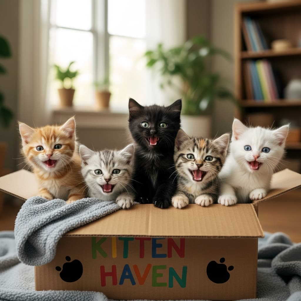 Five expressive kittens—orange tabby, gray tabby, black, brown tabby, and white—sit inside a cardboard box labeled “KITTEN HAVEN,” each mid-meow. The cozy room features a soft gray blanket, bookshelf, plants, and sunlight streaming through a window, creating a cheerful, adoption-friendly atmosphere.