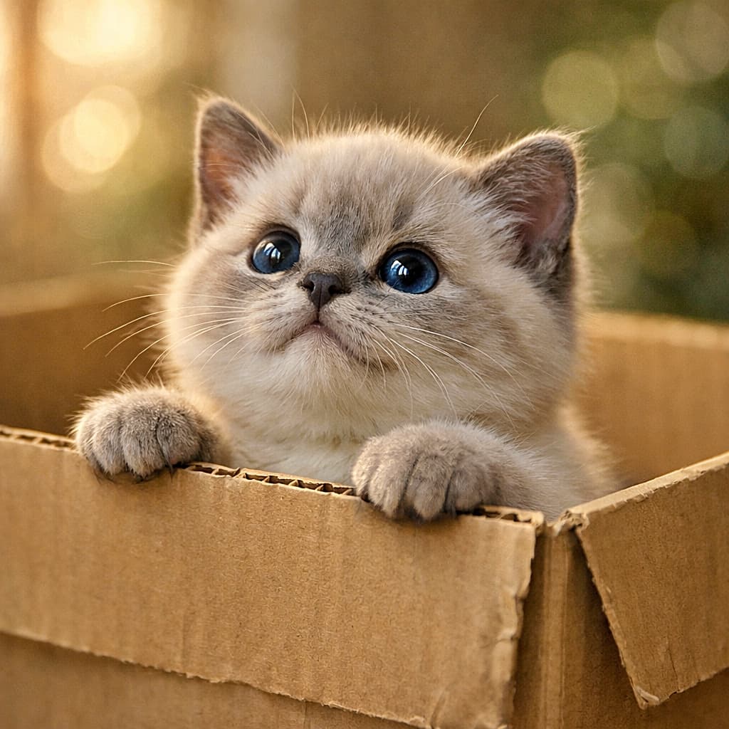 「宝石みたいな青い瞳にドキッ💎 淡いラベンダー色のシャム猫ちゃん、箱の中から気品だだ漏れです✨」Lavender Point Siamese kitten with blue eyes resting paws on a cardboard box rim. 段ボール箱の縁に前足を乗せた、透き通る青い瞳と淡いグレーのポイントカラーが美しいシャム猫の子