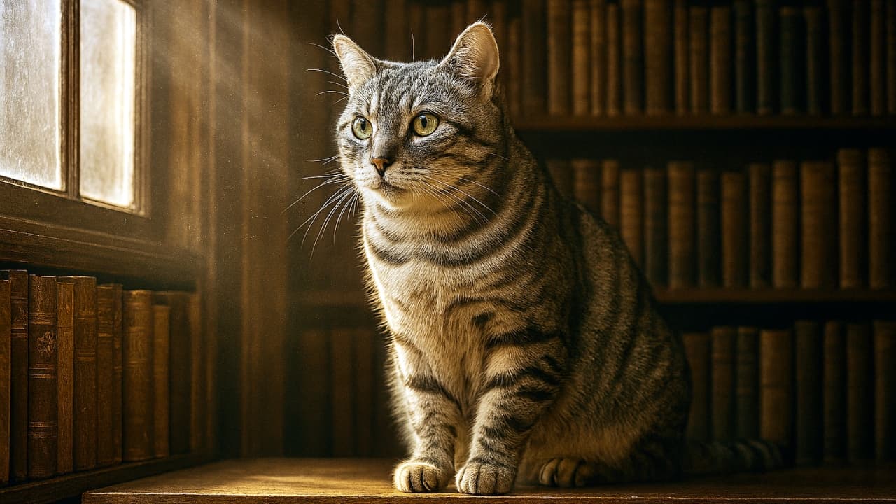 古びた木製書架の端に座る銀青色のアメリカンショートヘア。左側の大きな窓から差し込む黄金色の光が埃を浮かび上がらせ、奥行きのある書棚と猫の表情を際立たせている。A silver-blue American Shorthair cat sitting at the edge of an antique wooden bookshelf in a vintage library, golden light streaming from a large window highlighting dust particles and the cat’s focused gaze.