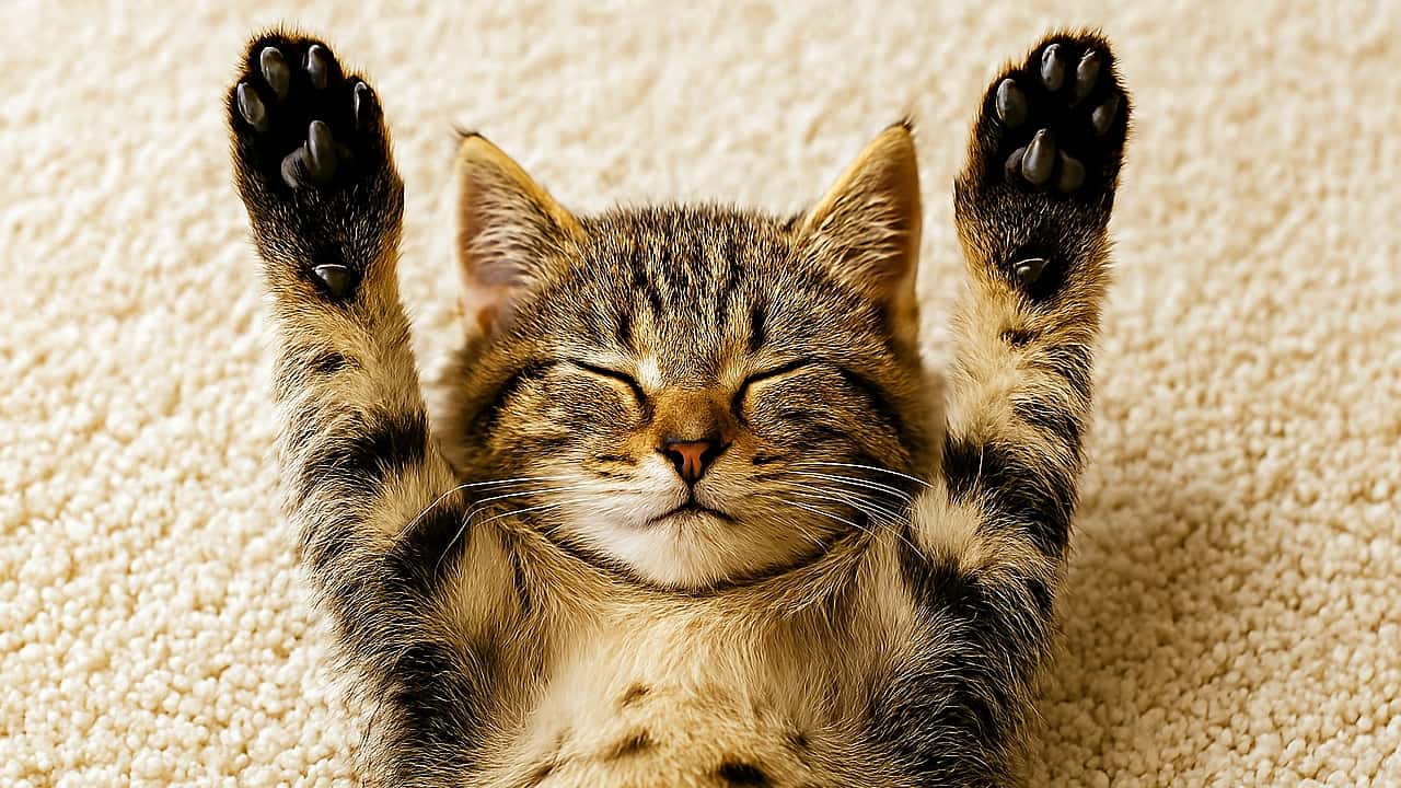 横長構図で撮影された、ベージュのカーペットに仰向けで寝転び、両前脚をバンザイのように上げているキジトラ子猫。黒い肉球とふわふわの毛並みが柔らかな自然光に映え、背景はやさしくボケている