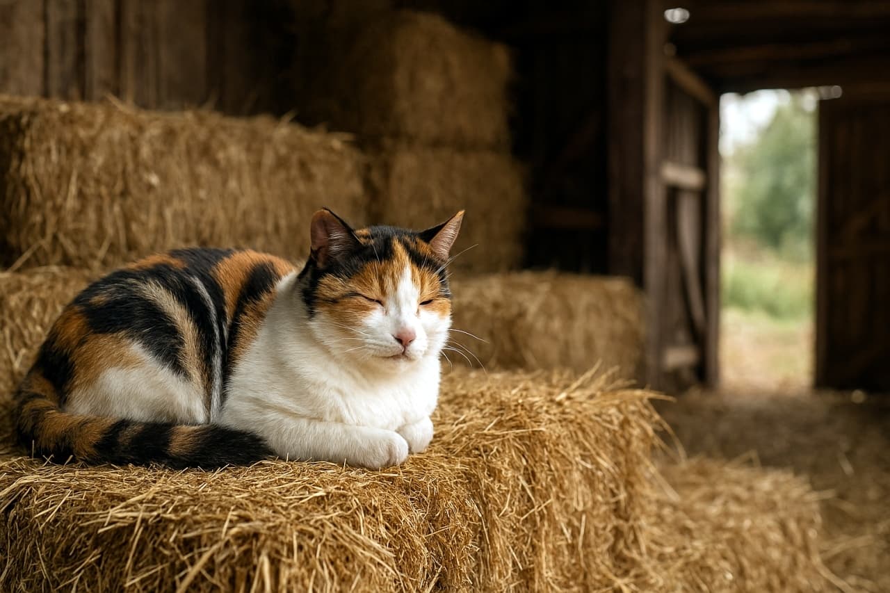 干し草の上で眠る三毛猫。農村の納屋に差し込む柔らかな光に包まれ、穏やかな午後の静けさが漂う。 / A calico cat dozing on golden hay bales inside a rustic countryside barn, bathed in soft natural light.