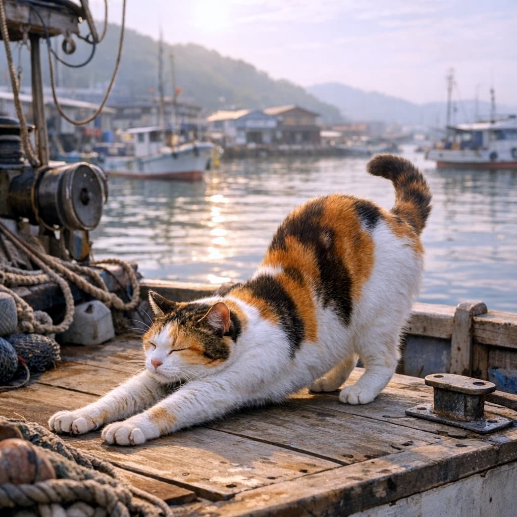 「朝の漁港でリラックスタイム⚓️🐈 三毛猫ちゃんの全力ストレッチが可愛すぎて癒やされる…!✨ #猫 #三毛猫」Ultra-realistic high-quality photograph of a calico cat stretching its back on the wooden deck of a fishing boat. The soft morning backlight illuminates the cat's fur, with a sparkling sea and blurred harbor scenery in the background. 港に停泊する漁船の木製デッキの上で、背中を高く丸めて気持ちよさそうにストレッチをする三毛猫のクローズアップ。柔らかな朝日の逆光が猫の毛並みを縁取り、背景にはキラキラと輝く海とボケ味のある漁港の風景が広がっています